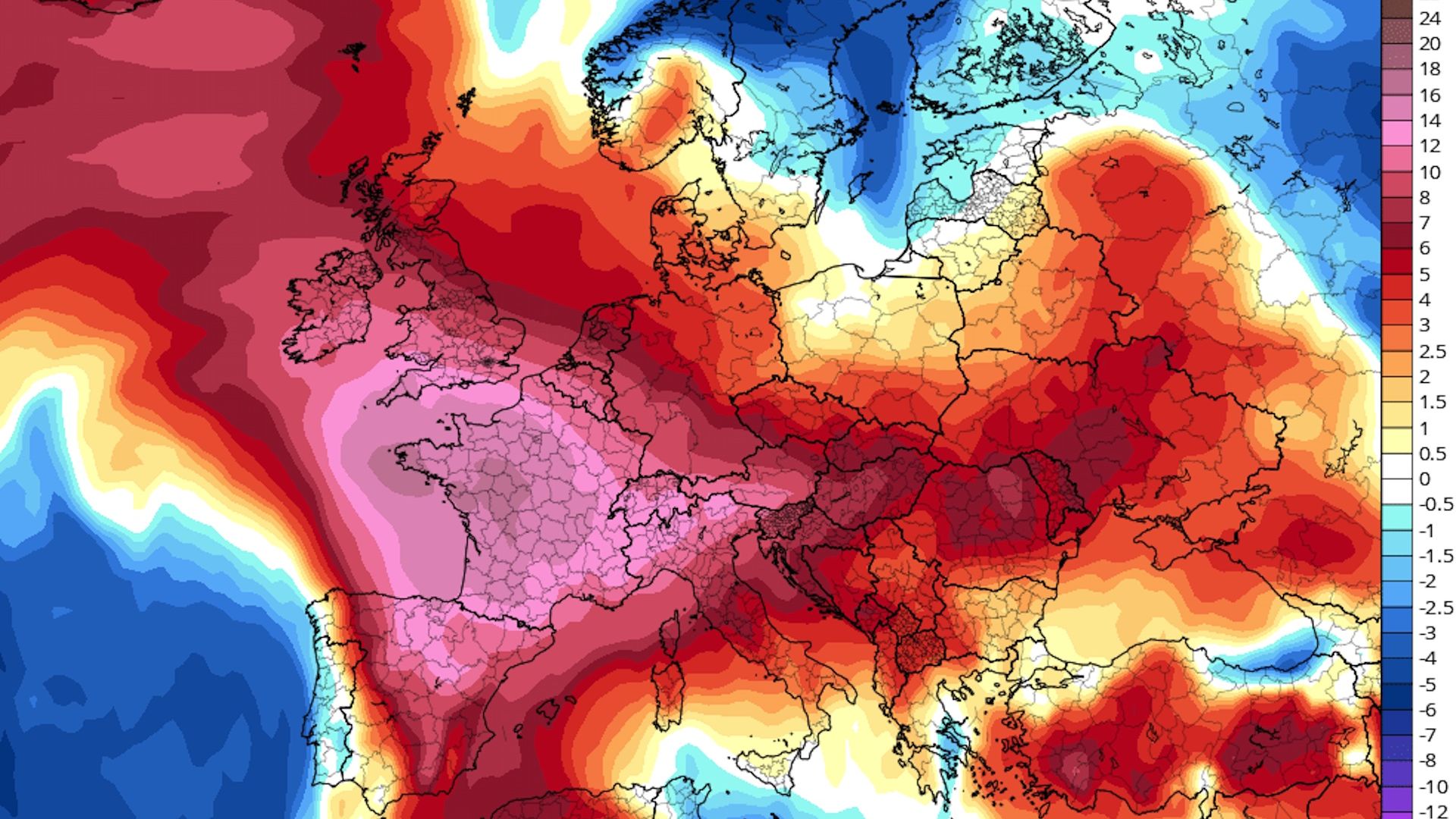 Computer model projection of temperature anomalies across Western Europe this week.
