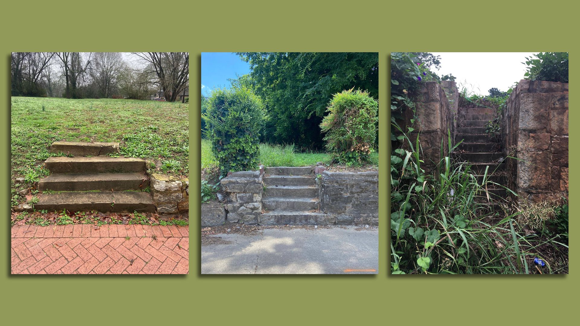 Three photos of stone staircases that lead to vacant lots