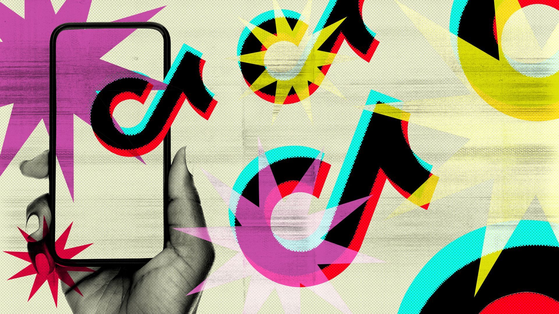 Illustrated collage of Tik Tok’s logo and a hand holding a phone.