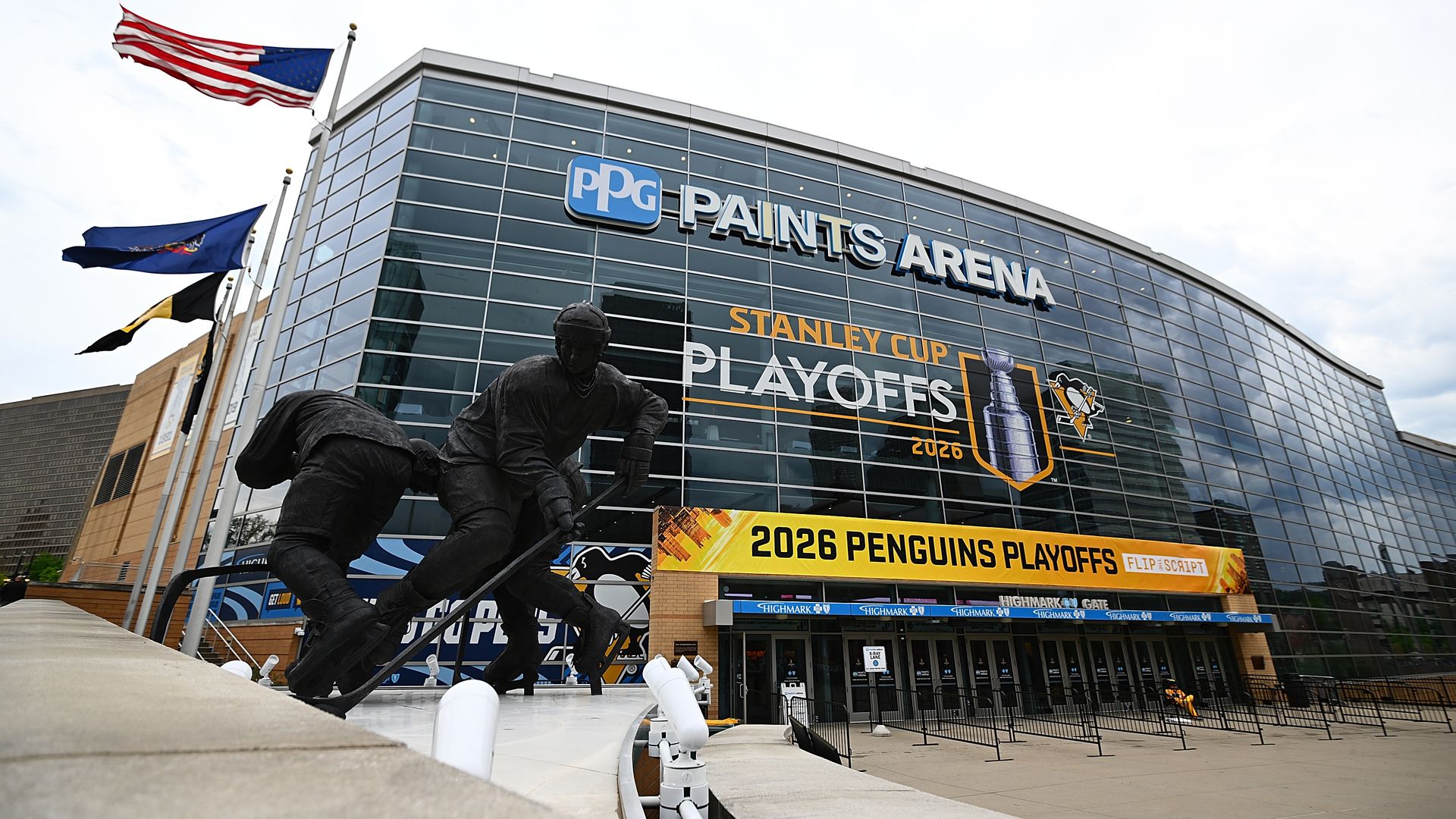 PITTSBURGH, PENNSYLVANIA - APRIL 18: An exterior view of PPG Paints Arena before of Game One of the First Round of the 2026 Stanley Cup Playoffs between the Philadelphia Flyers and the Pittsburgh Penguins at PPG PAINTS Arena on April 18, 2026 in Pittsburgh, Pennsylvania. (Photo by Justin Berl/Getty