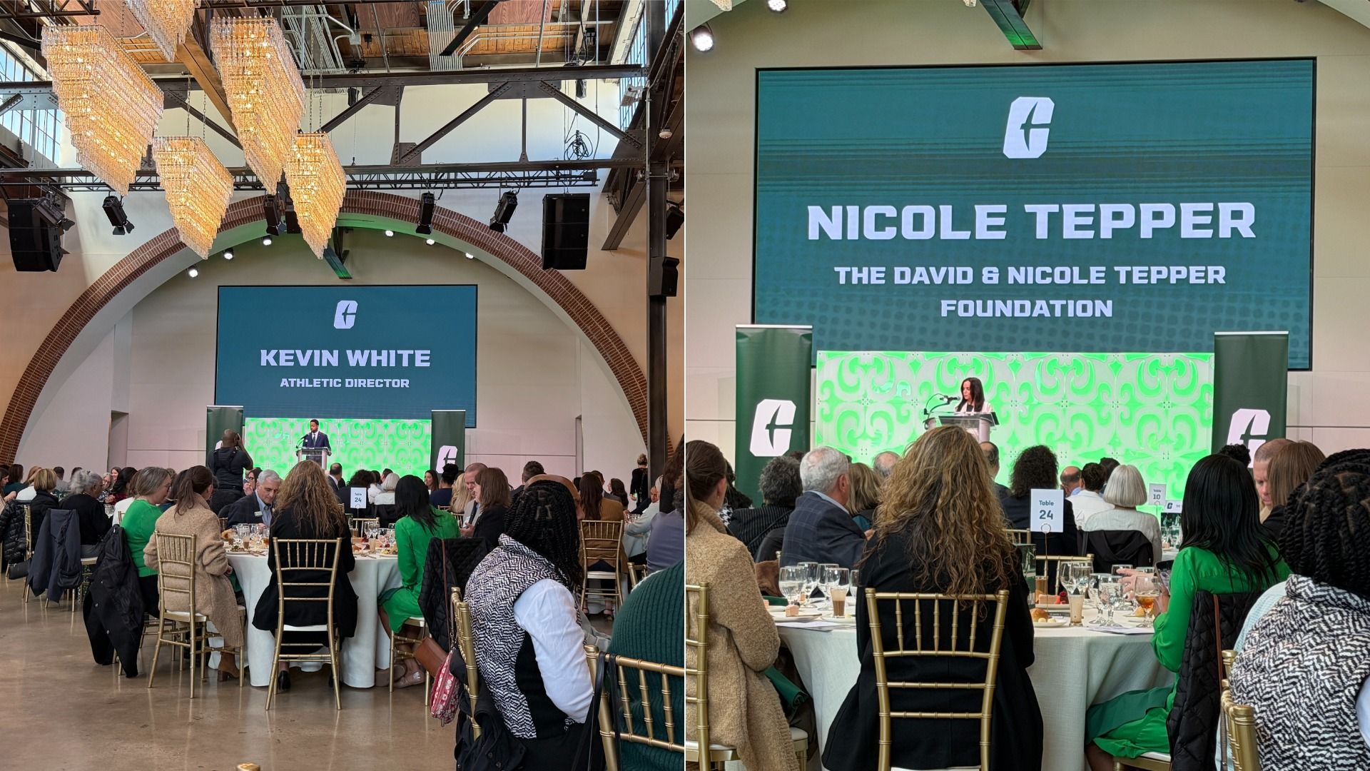 Banquet hall event with two large screens; left reads "Kevin White Athletic Director" as a speaker at a podium, right reads "Nicole Tepper Foundation" with guests at round tables beneath chandeliers.