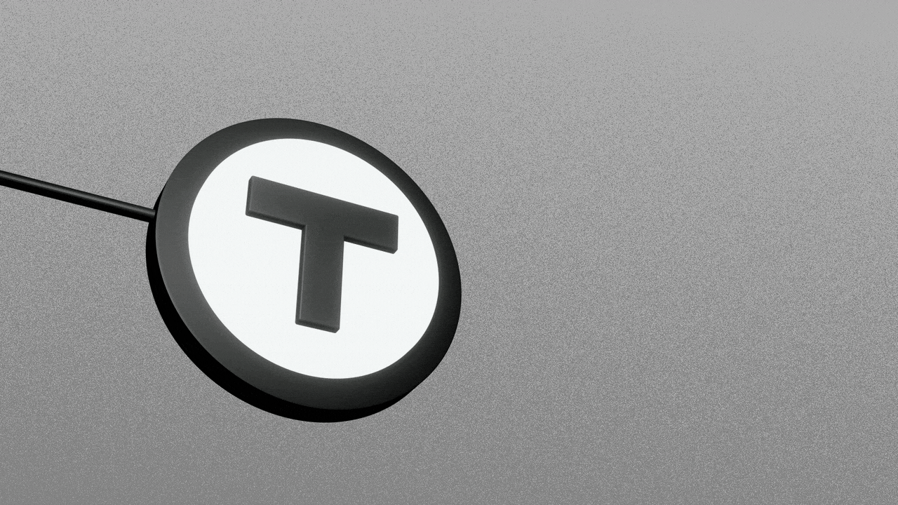 Illustration of an MBTA sign changing into an emergency symbol.