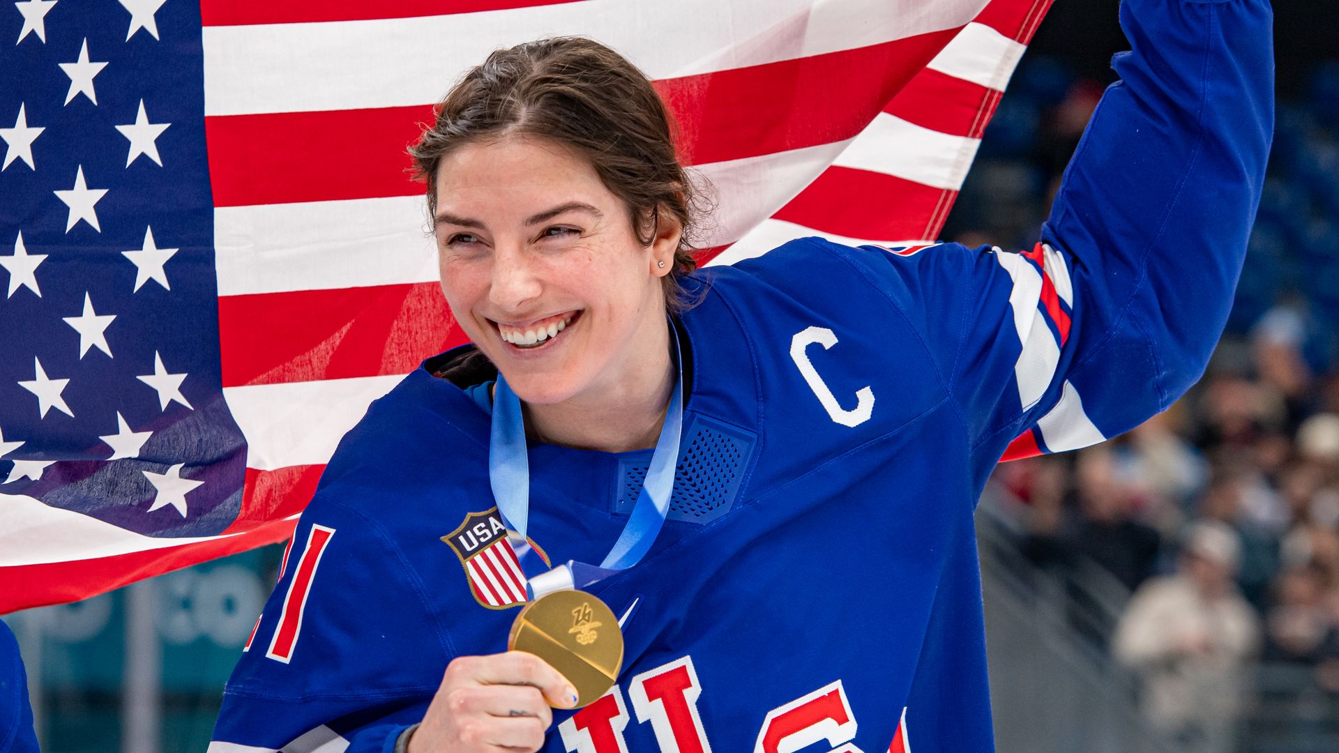 Team USA hockey captain Hilary Knight celebrates at the women's Gold Medal match with Canada at the Milano Cortina 2026 Winter Olympics. Photo: RvS.Media/Monika Majer/Getty Images