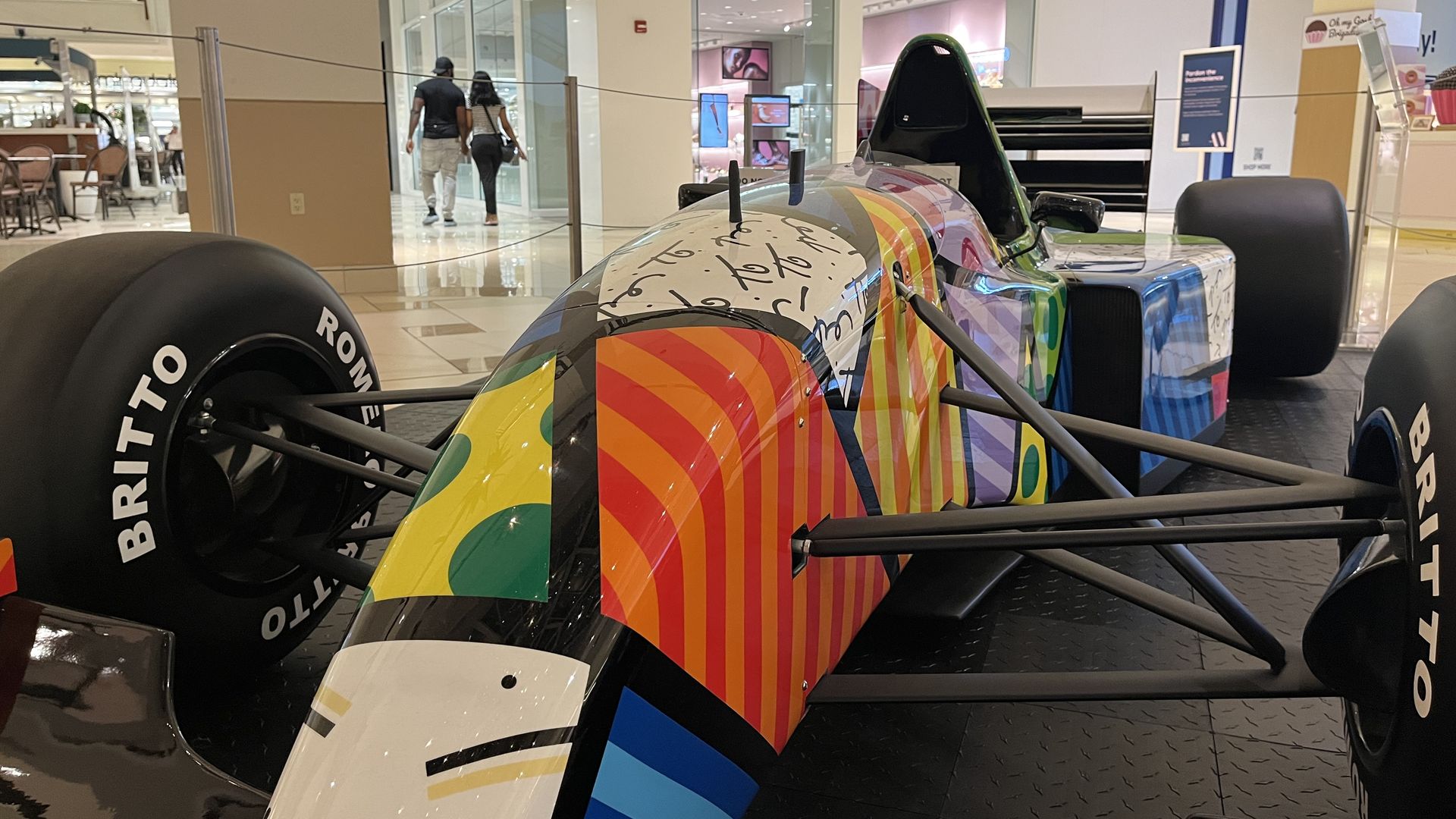 An F1 car designed by Romero Britto
