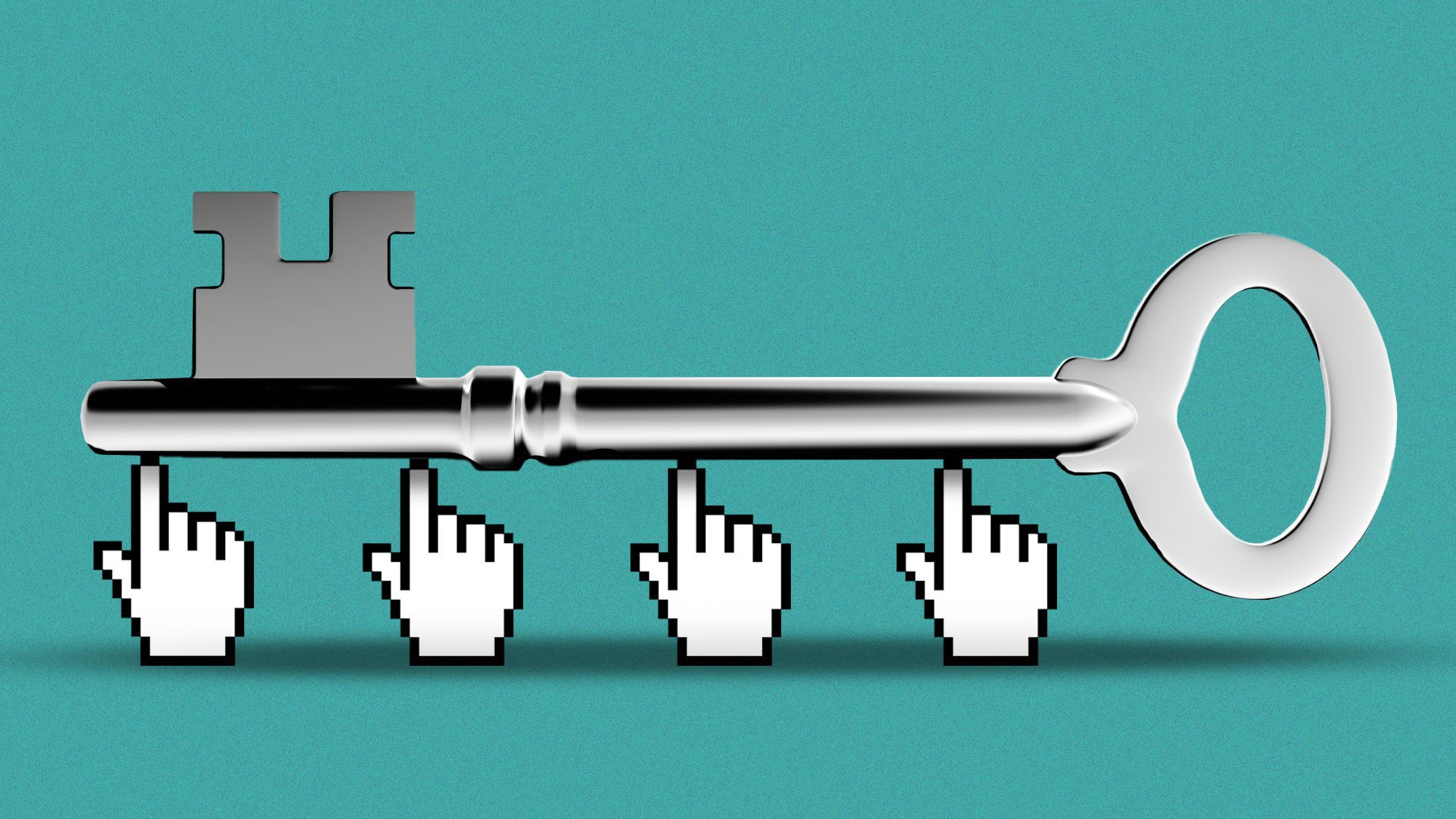 Illustration of four small cursor hands holding up a large metal key