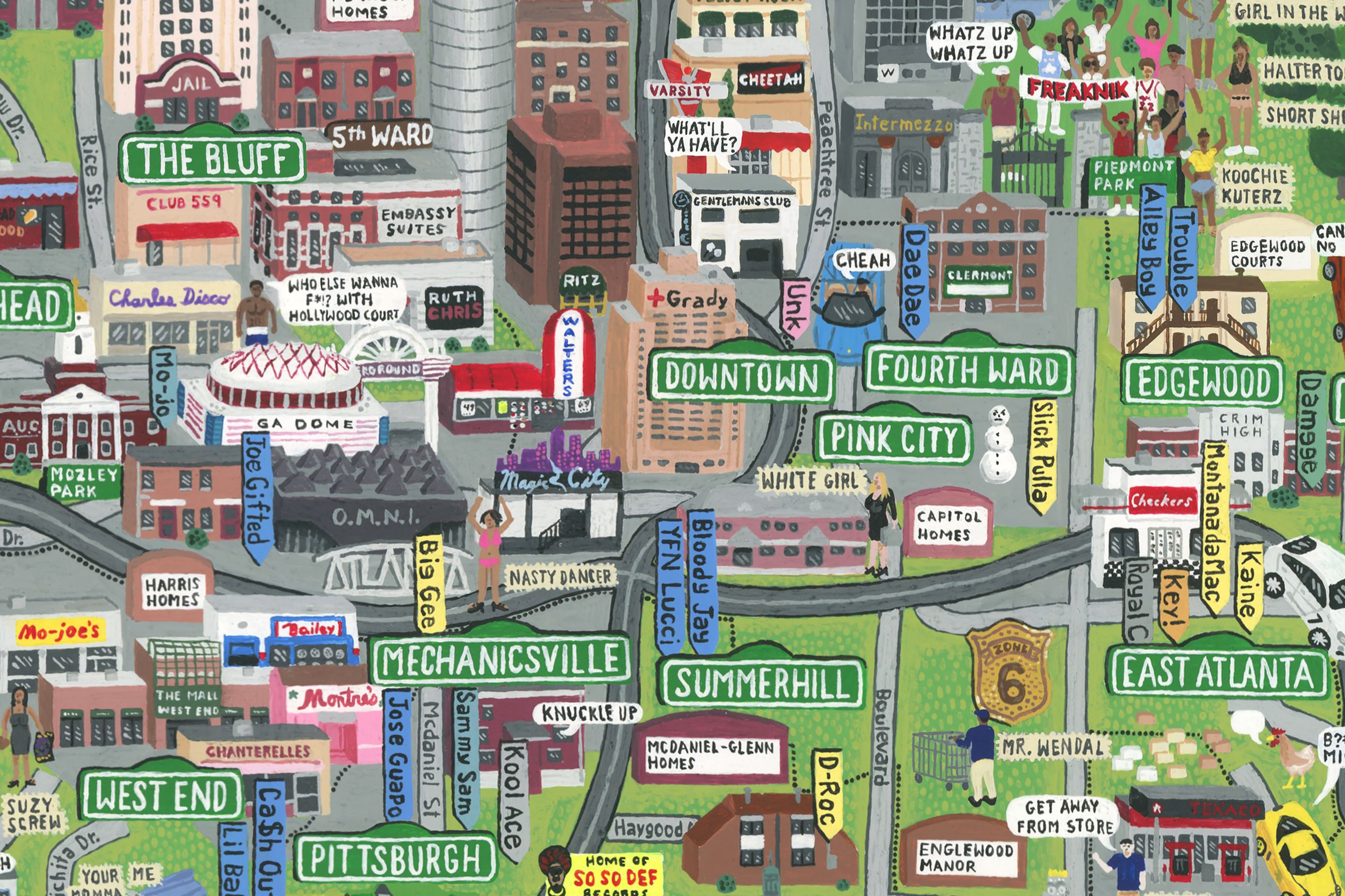 A close-up of a color illustrated map showing famous Atlanta rappers and locations made famous from hip-hop songs