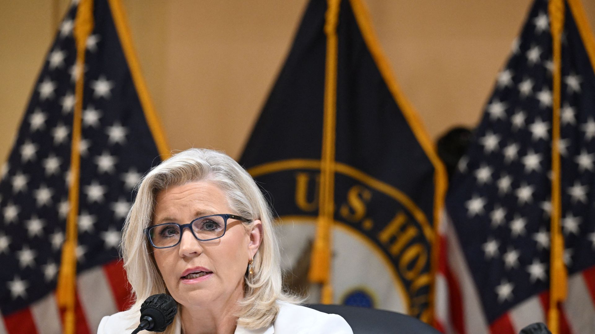Rep. Liz Cheney wearing white, in front of a microphone