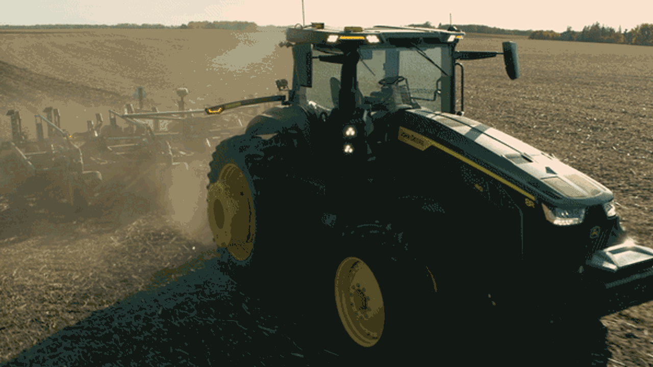 Animated gif of an autonomous John Deer tractor