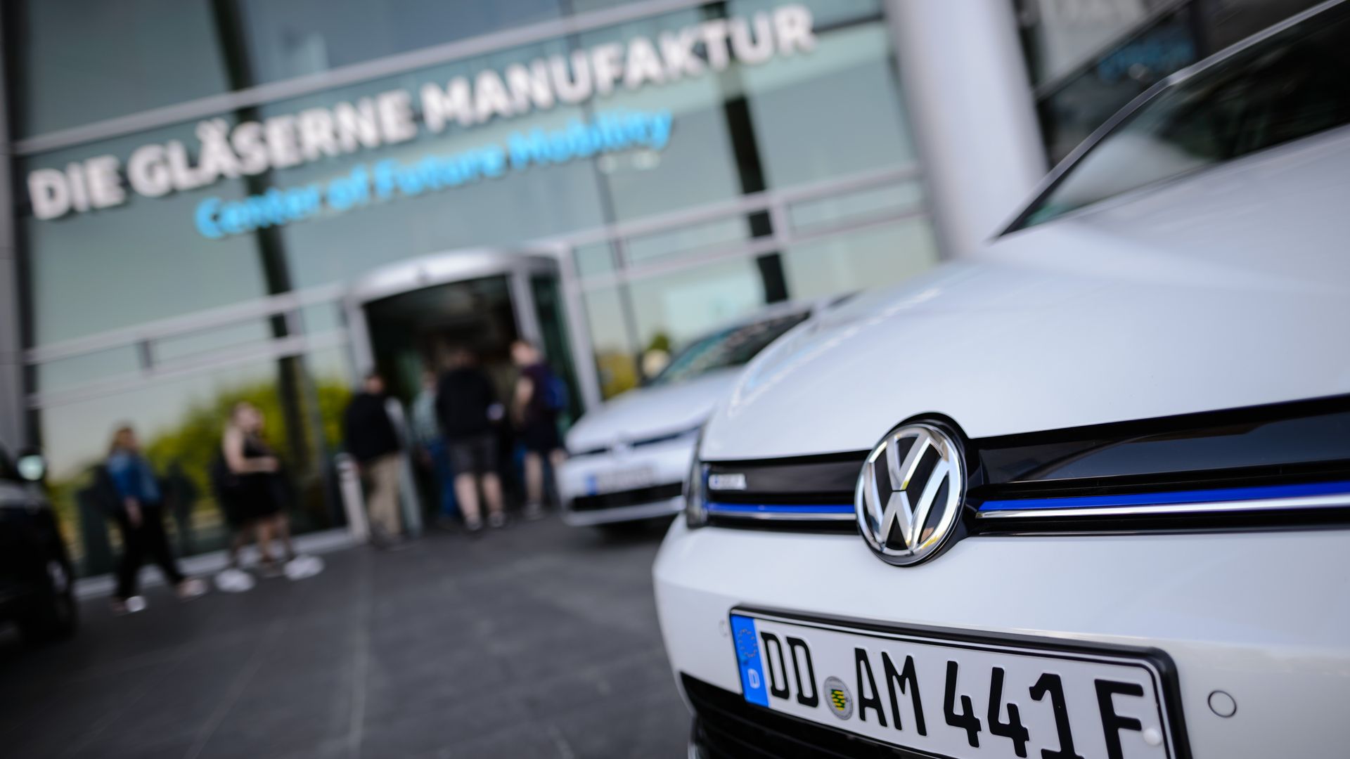 A Volkswagen e-Golf electric car in front of the Volkswagen AG factory in Germany