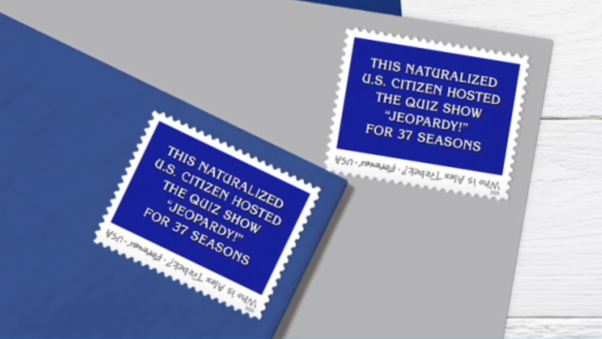 Two envelopes with special Alex Trebek Forever postage stamps on them