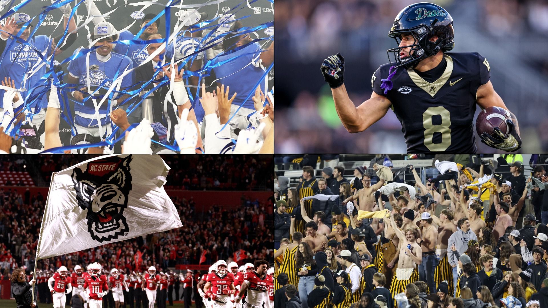 College football teams and fans celebrating in four photos. 