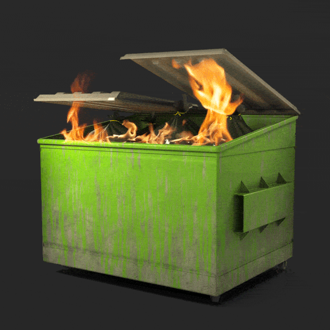 Animated illustration of a dumpster on fire. 