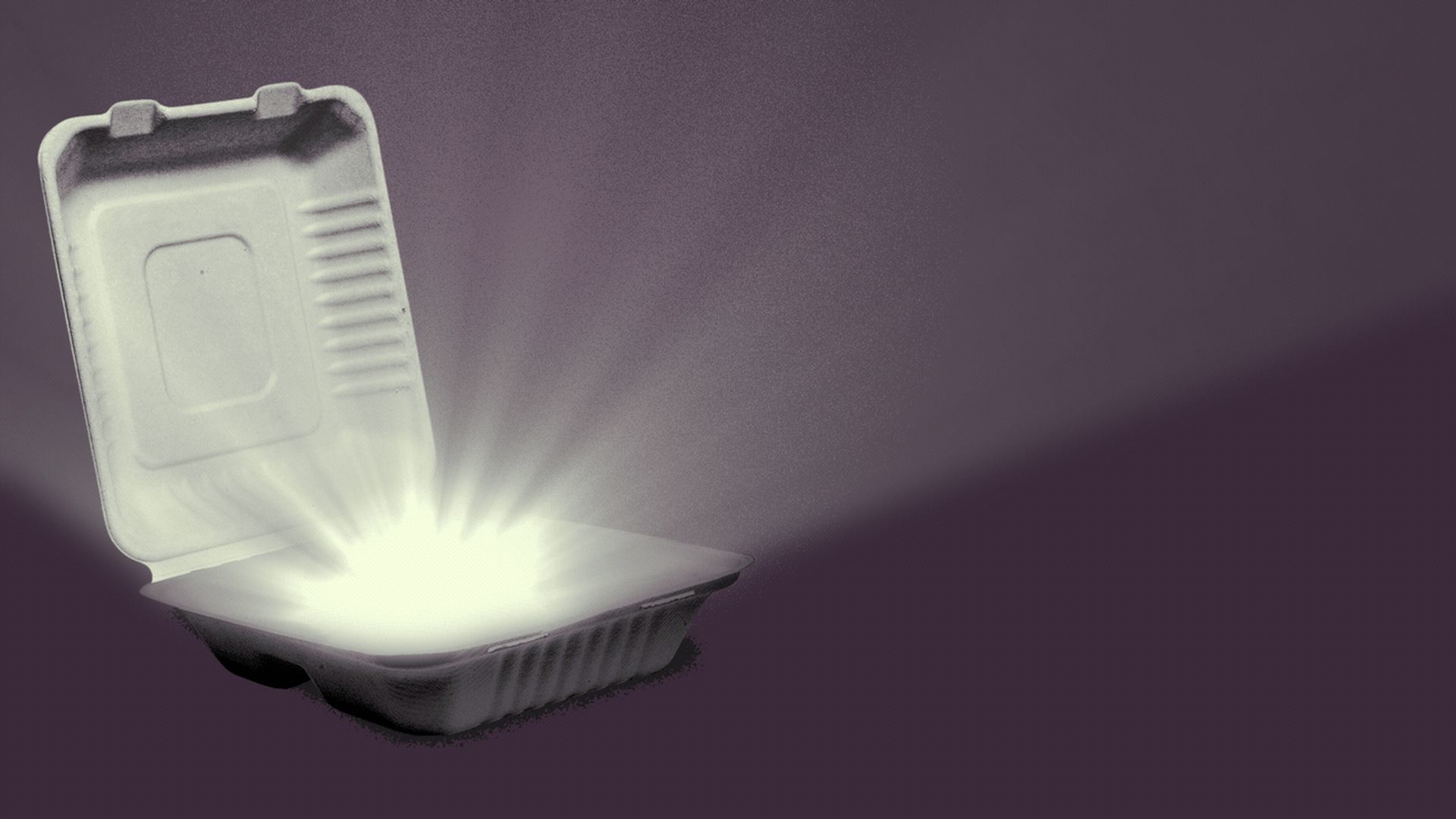 A takeout box set open with a burst of light shining from it. 