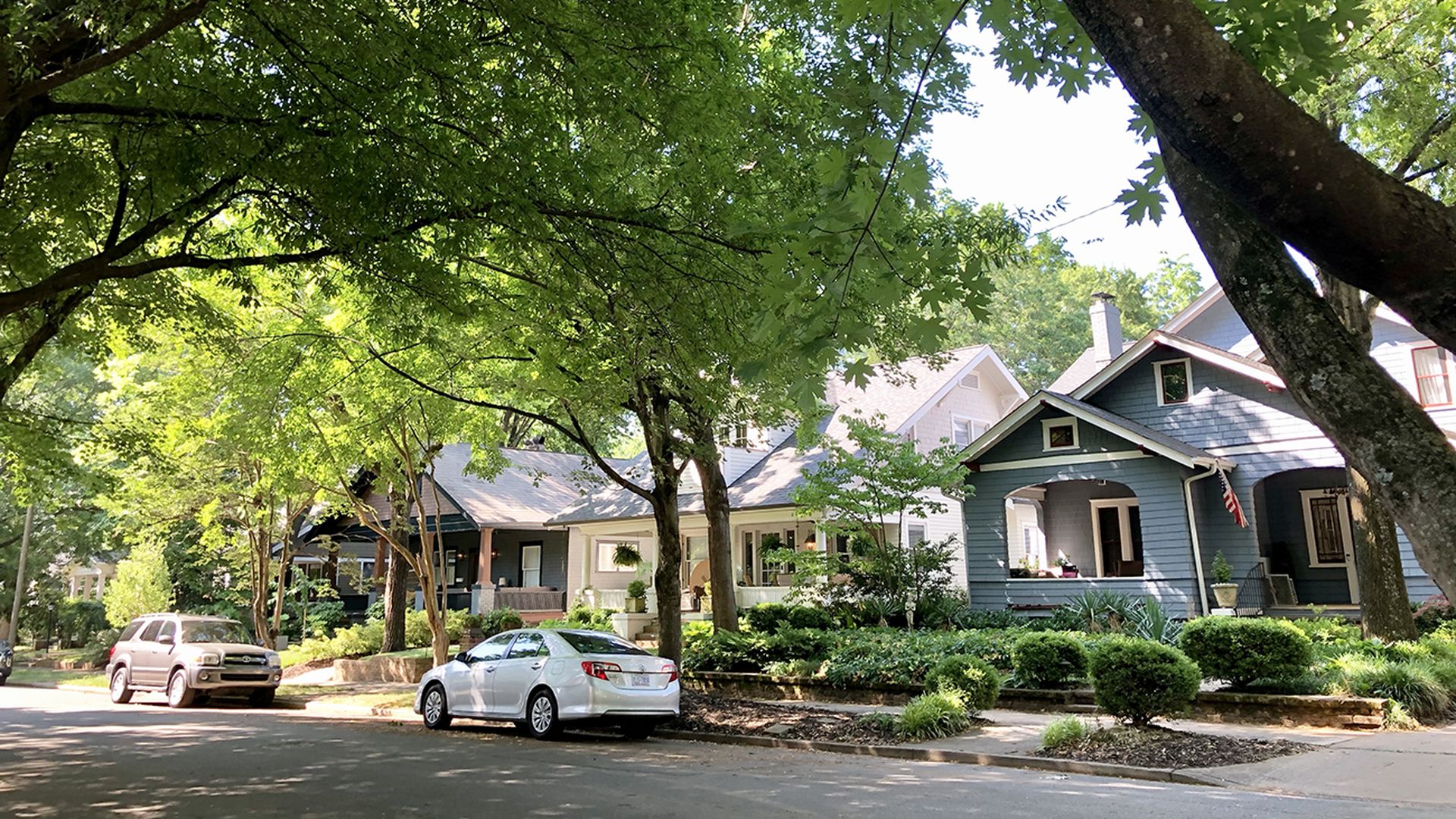 neighbodhood lined with homes and trees