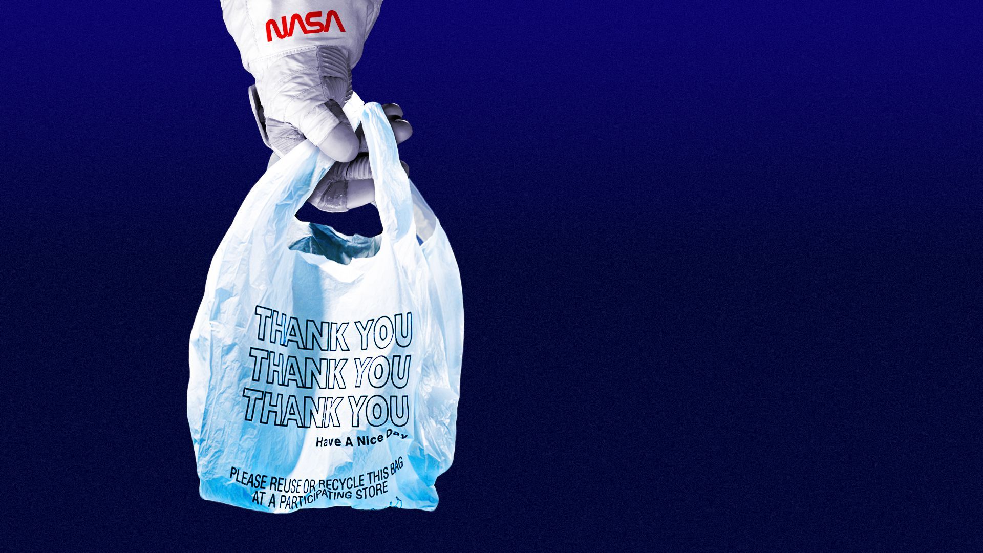 Illustration of a NASA astronaut's hand holding a plastic shopping bag