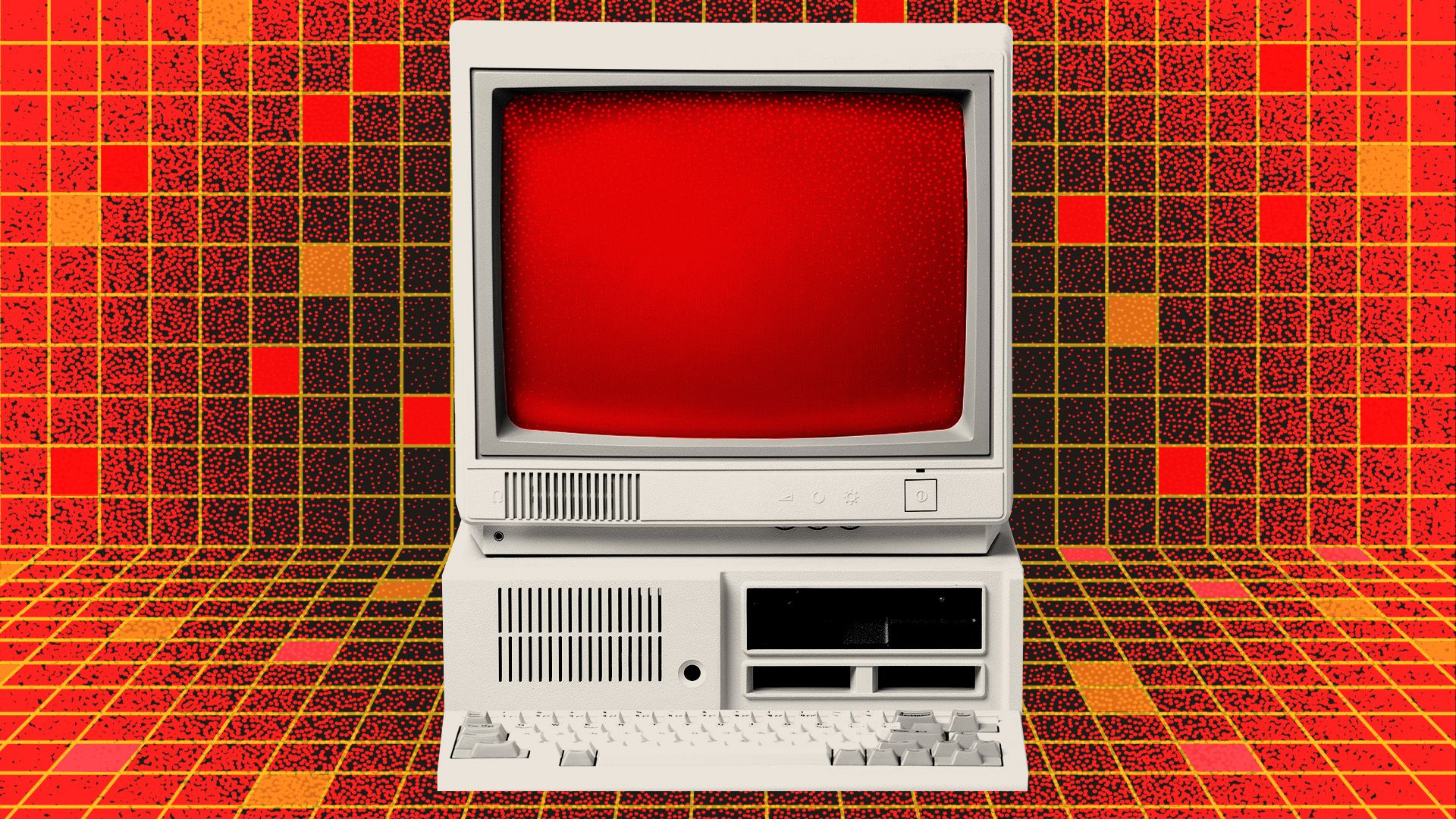 Illustration of a vintage computer on a grid with various blocks of color