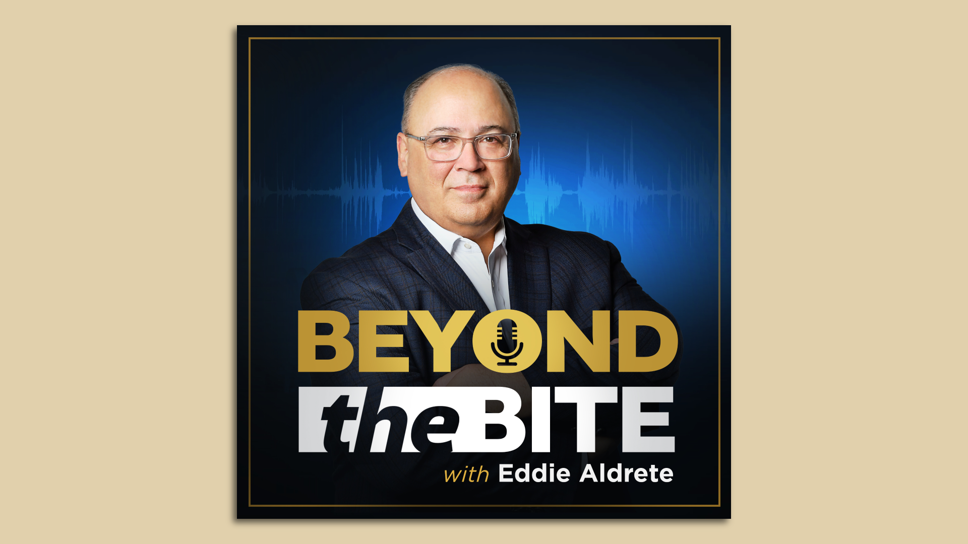 Eddie Aldrete stands behind the logo for "Beyond the Bite," his new podcast featuring conversations about local business and public policy in San Antonio.