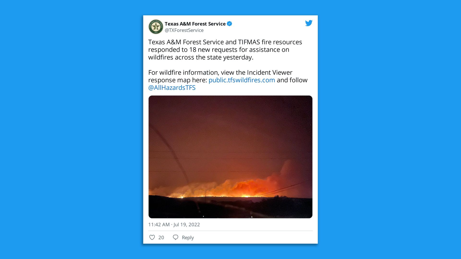Tweet about wildfires across Texas