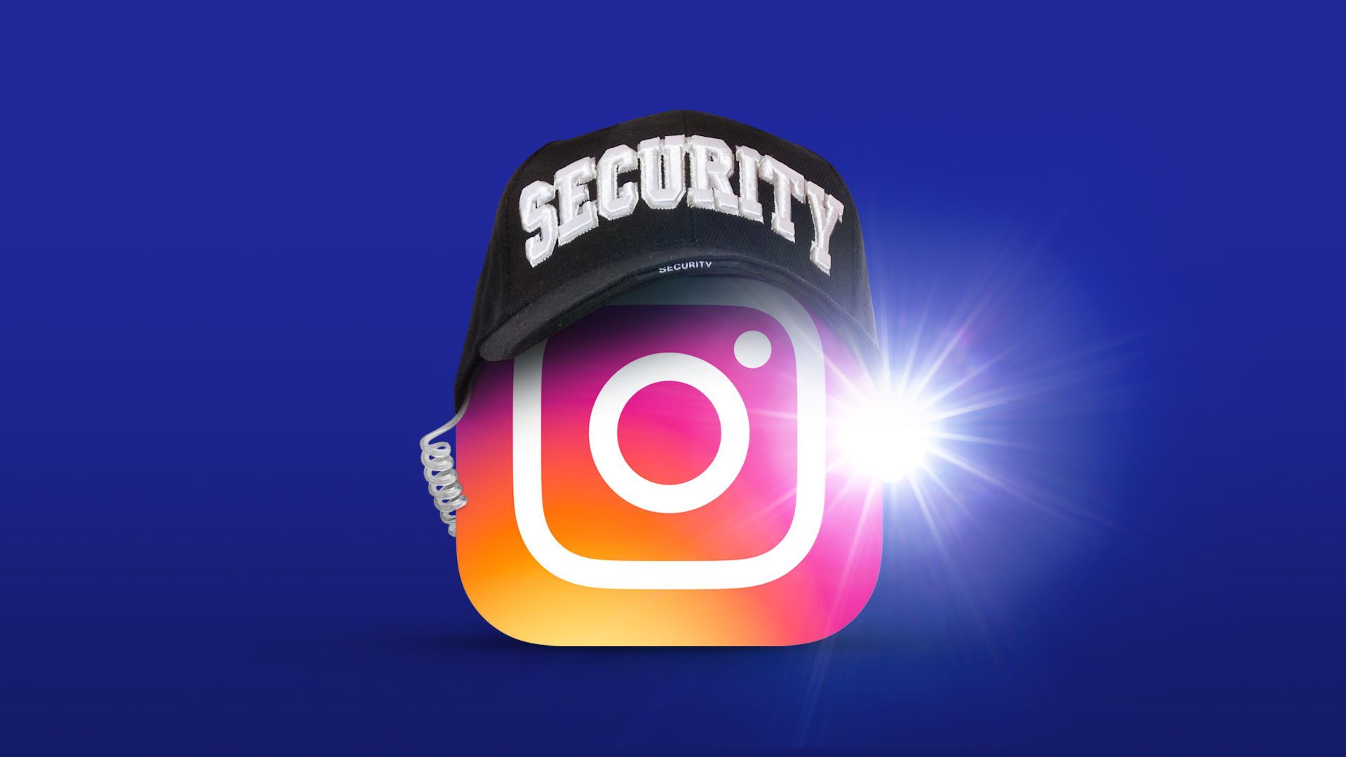 Illustration of the Instagram logo with a security hat and earpiece shining a flashlight forward