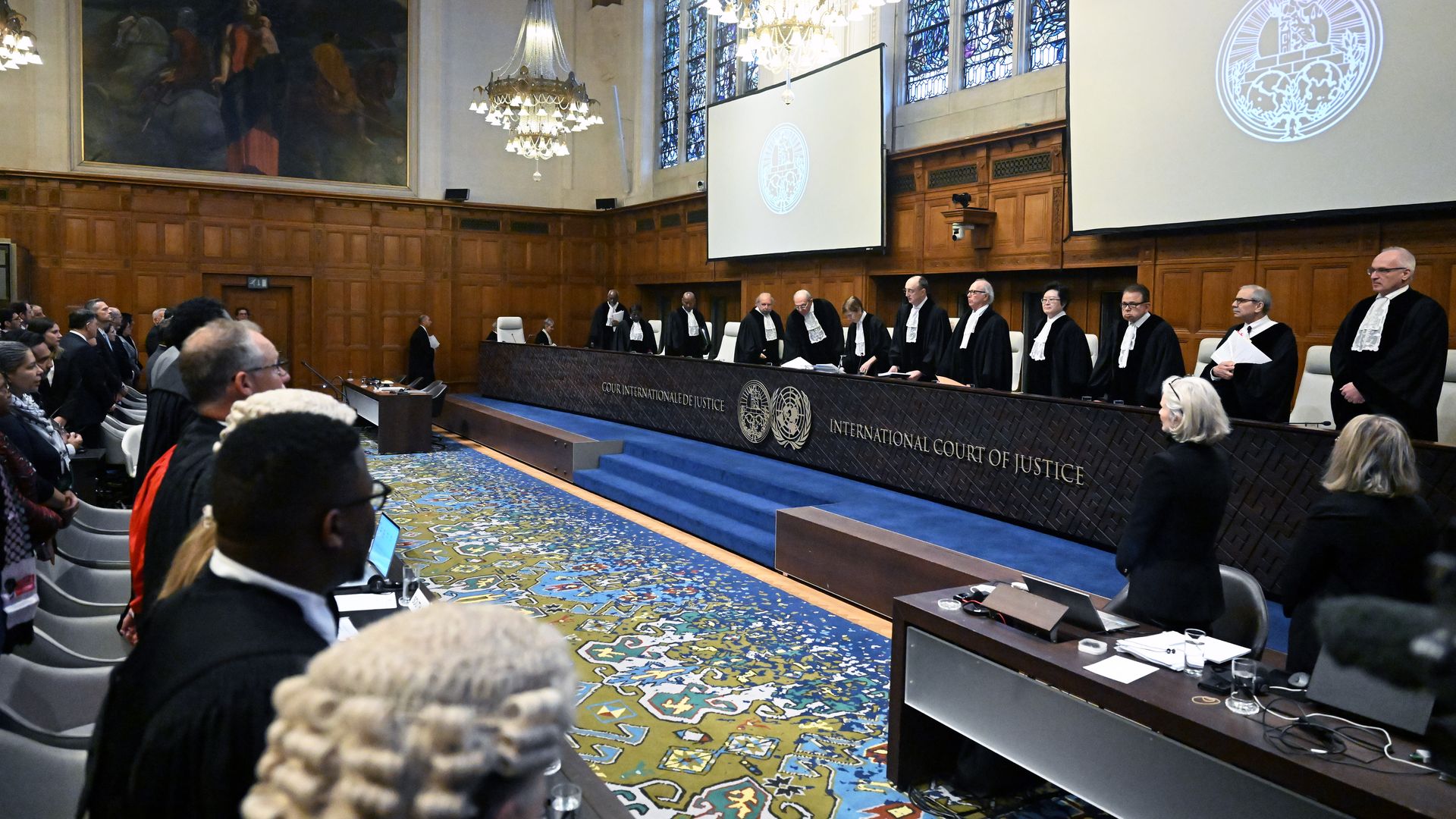 Judges take their seats prior to the hearing of Israel's defense at the International Court of Justice on Jan. 12. Photo: Dursun Aydemir/Anadolu via Getty Images