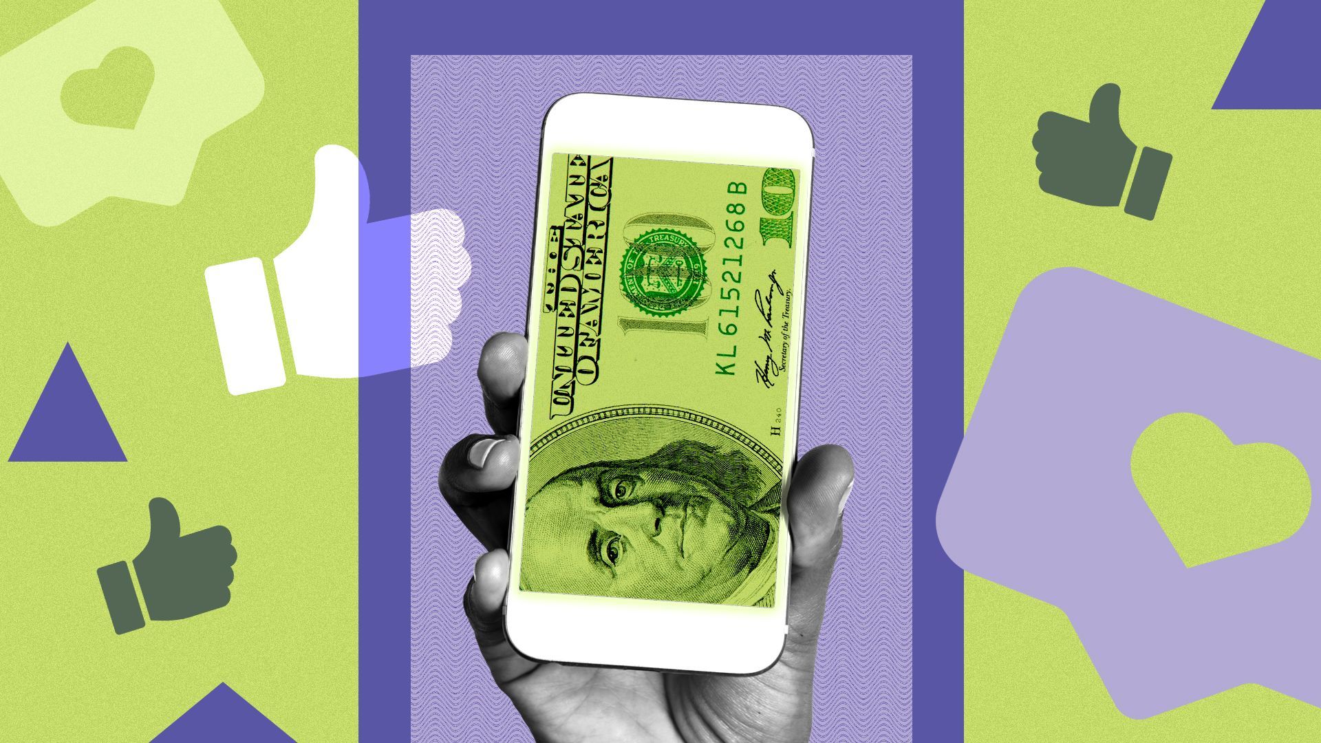 Illustration of a hand holding a cell phone displaying a $100 bill on the screen surrounded by social media icons.