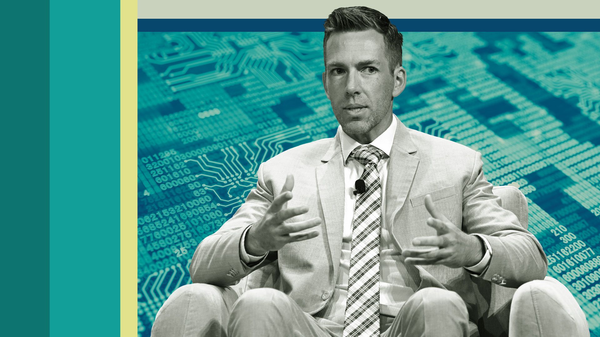 Photo illustration of Josh Parker, Head of Sustainability, NVIDIA, surrounded by colorful boxes an a code and circuit background