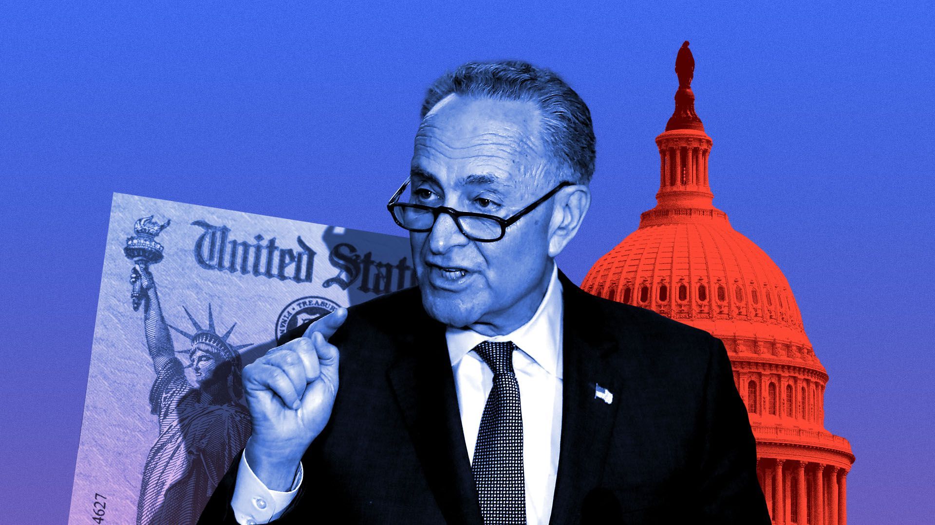 Photo illustration of Chuck Schumer next to a government-issued check and the Capitol Dome