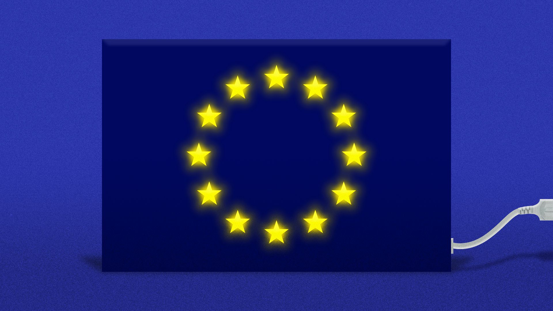 Illustration of a the stars on a plugged in EU flag turned on and glowing.