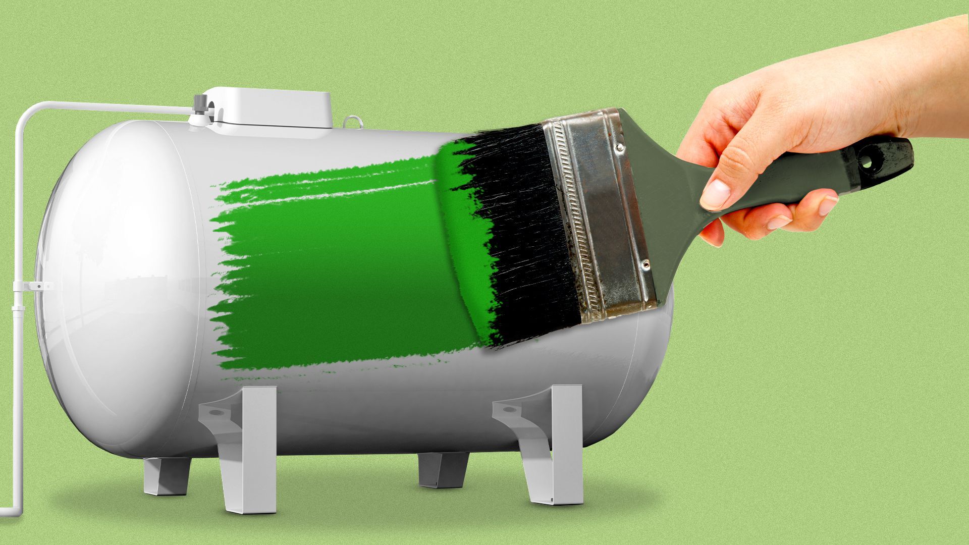 Illustration of a hand painting a gas tank green.