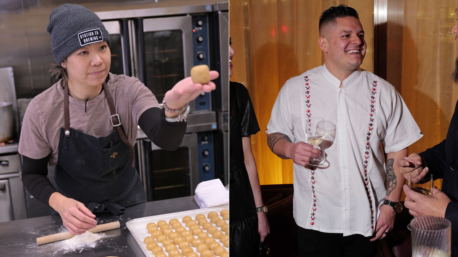 Split image: left shows a woman in a gray beanie and brown apron in a kitchen, presenting a small dough ball; right shows a man in a white embroidered shirt at a party, smiling with a wine glass.