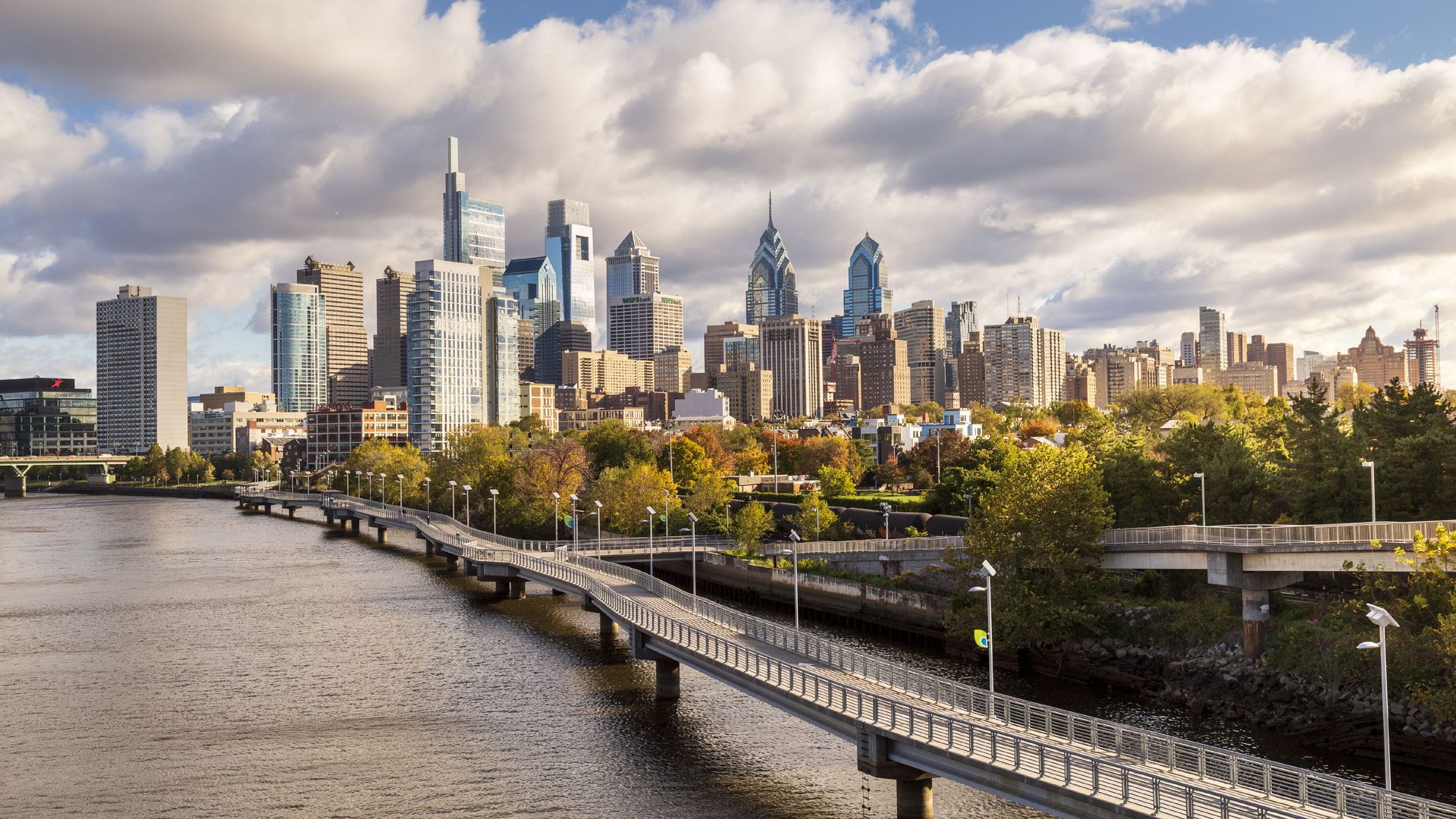 The Philadelphia skyline in autumn. 
