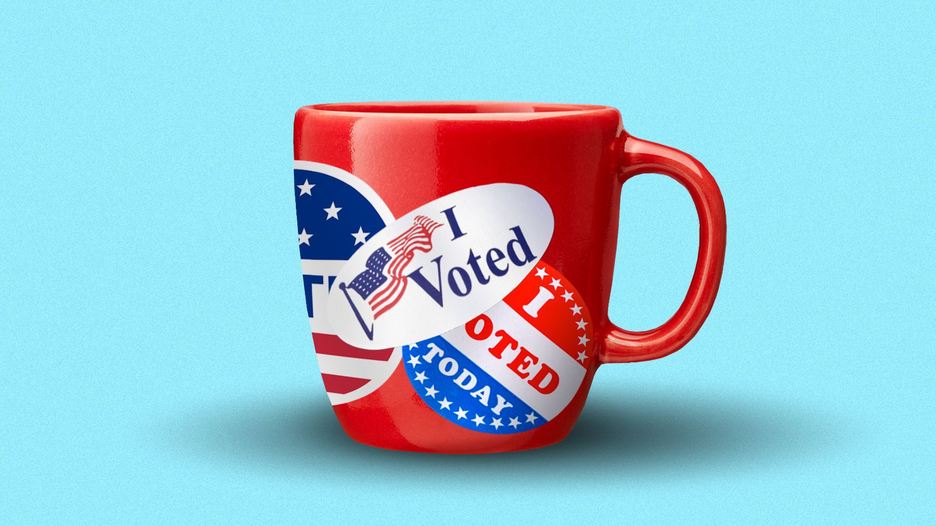 Illustration of a coffee mug covered in voter stickers