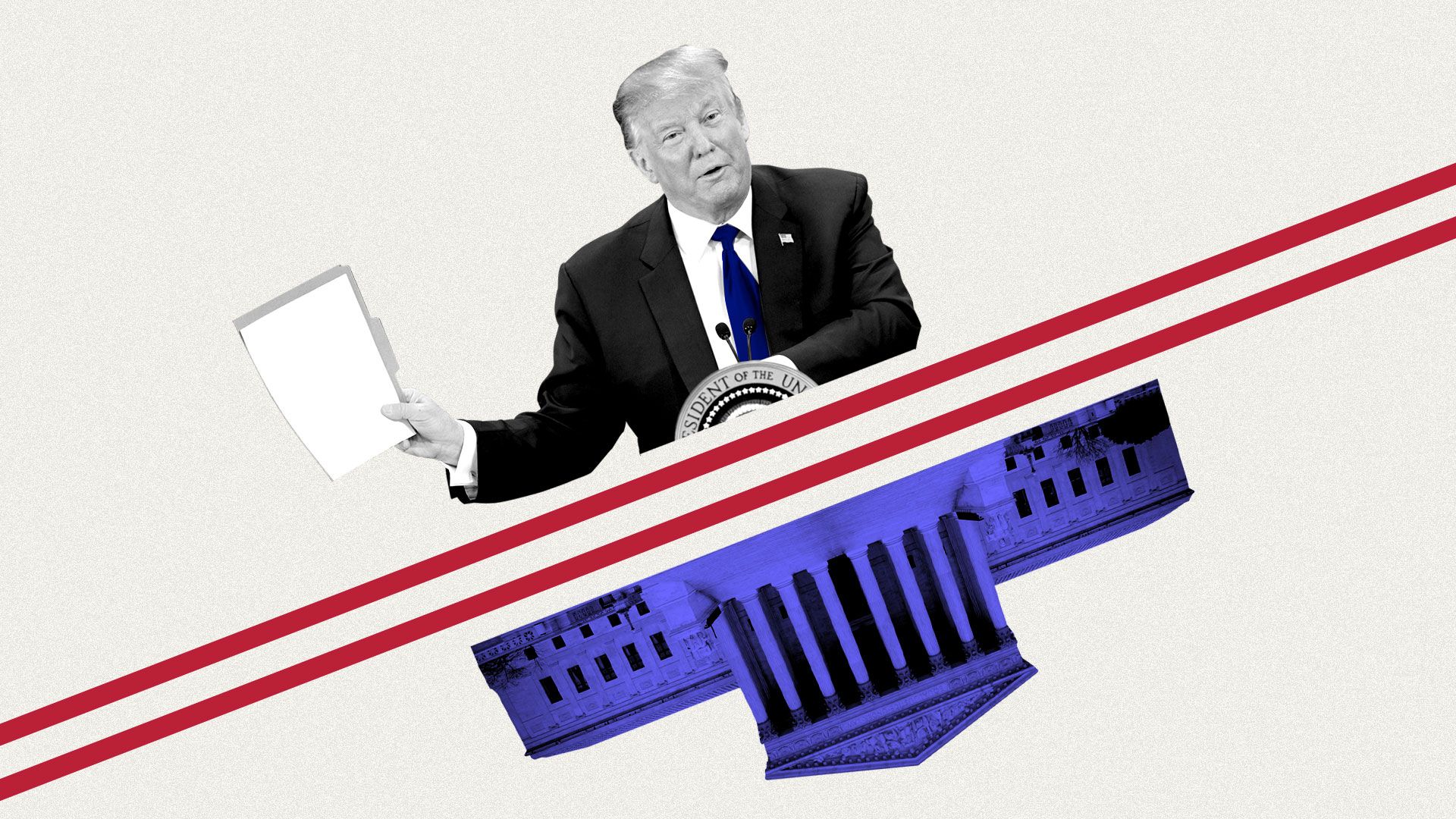 Photo illustration of Donald Trump holding up file and Supreme Court.
