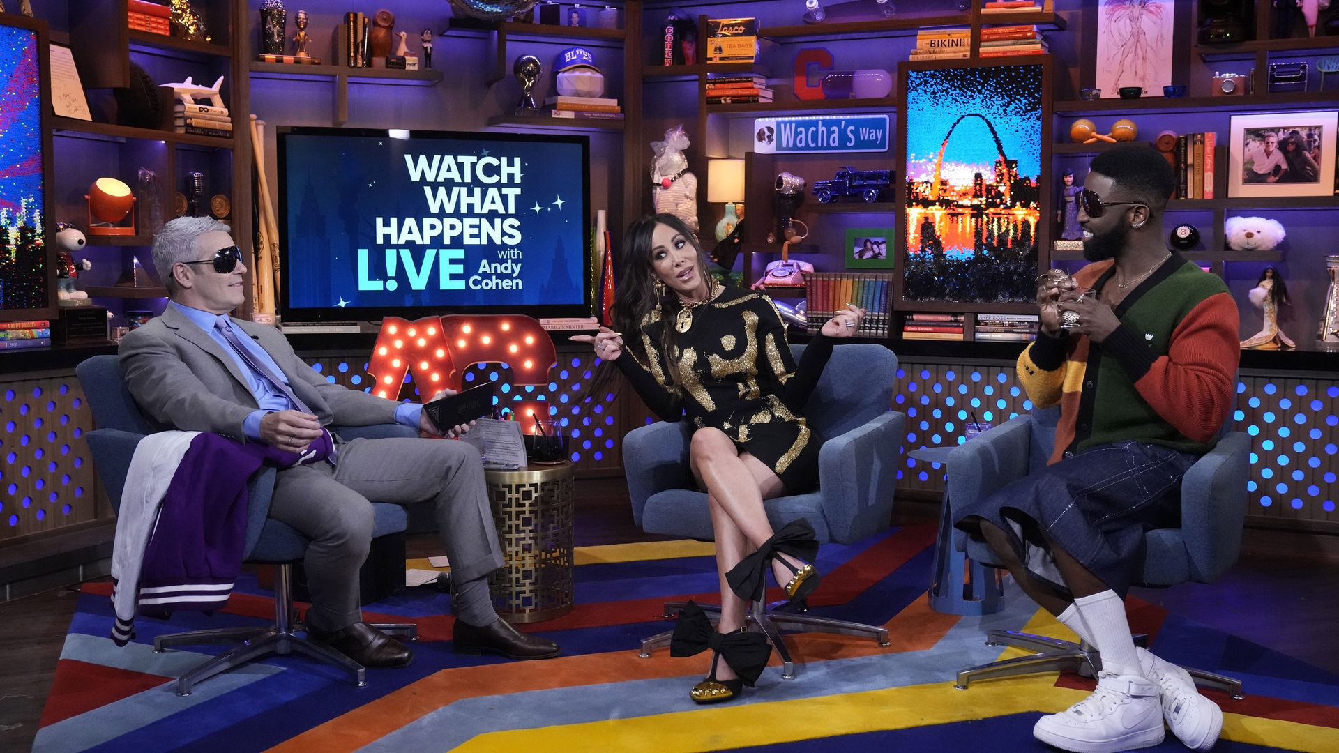 WATCH WHAT HAPPENS LIVE WITH ANDY COHEN -- Episode 21182 -- Pictured: (l-r) Andy Cohen, Angie Katsanevas, Brandon Kyle Goodman -- (Photo by: Charles Sykes/Bravo via Getty Images)