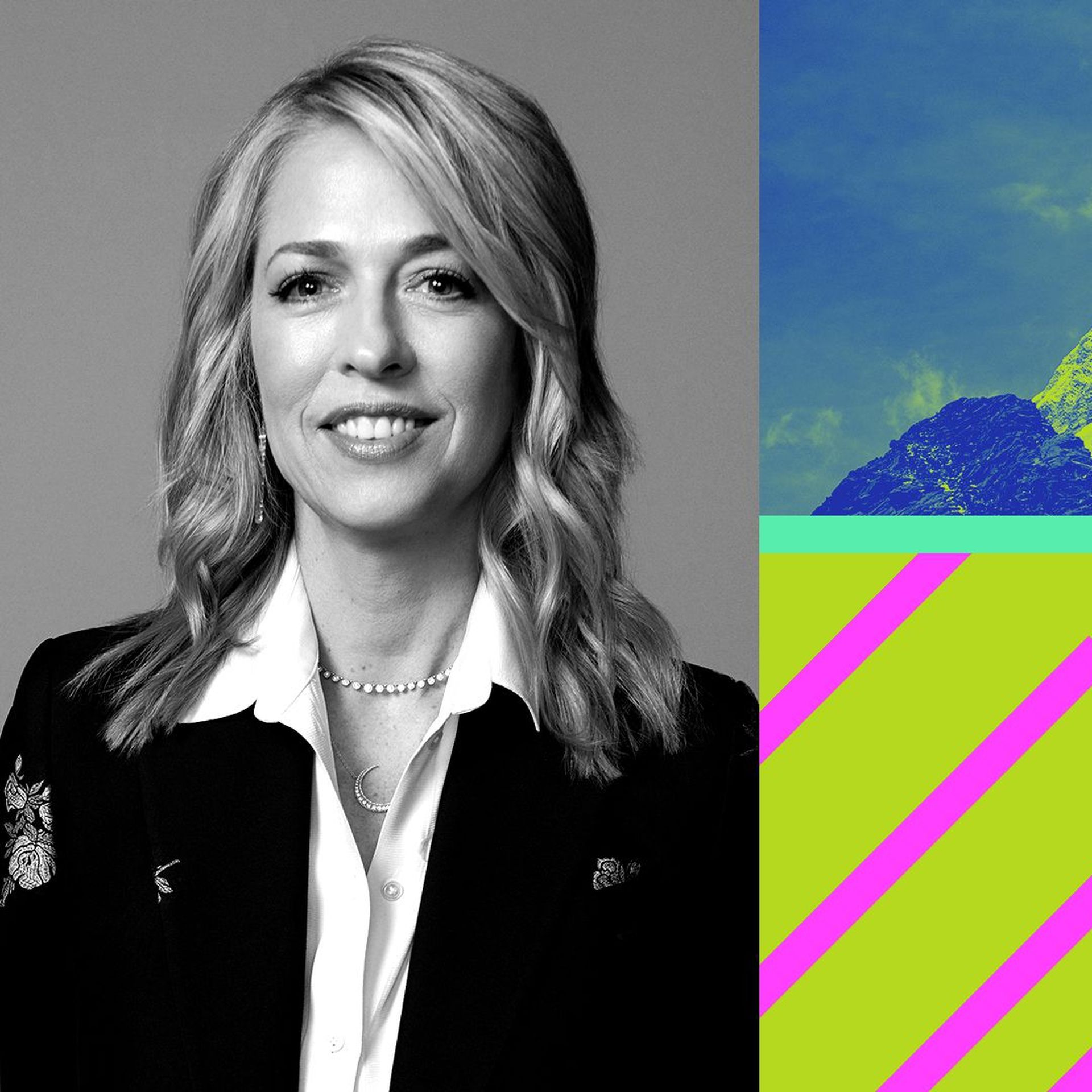 Photo illustration of Pam Kaufman, the mountain from the Paramount logo, and colored rectangles.