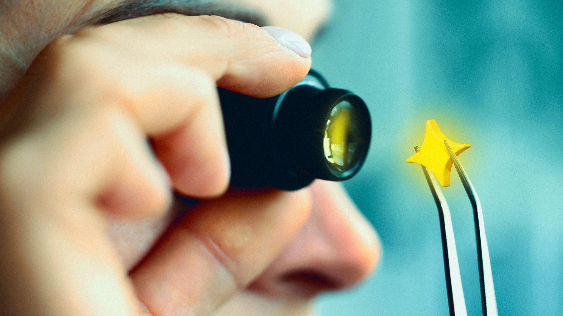 Illustration of a person looking through a jeweler's loupe at an AI sparkle held between tweezers.