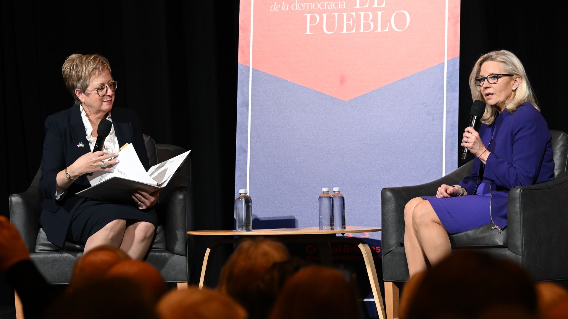 Caryl M. Stern, right, asked questions of Rep. Liz Cheney about democracy and growing up with former Vice President Dick Cheney.