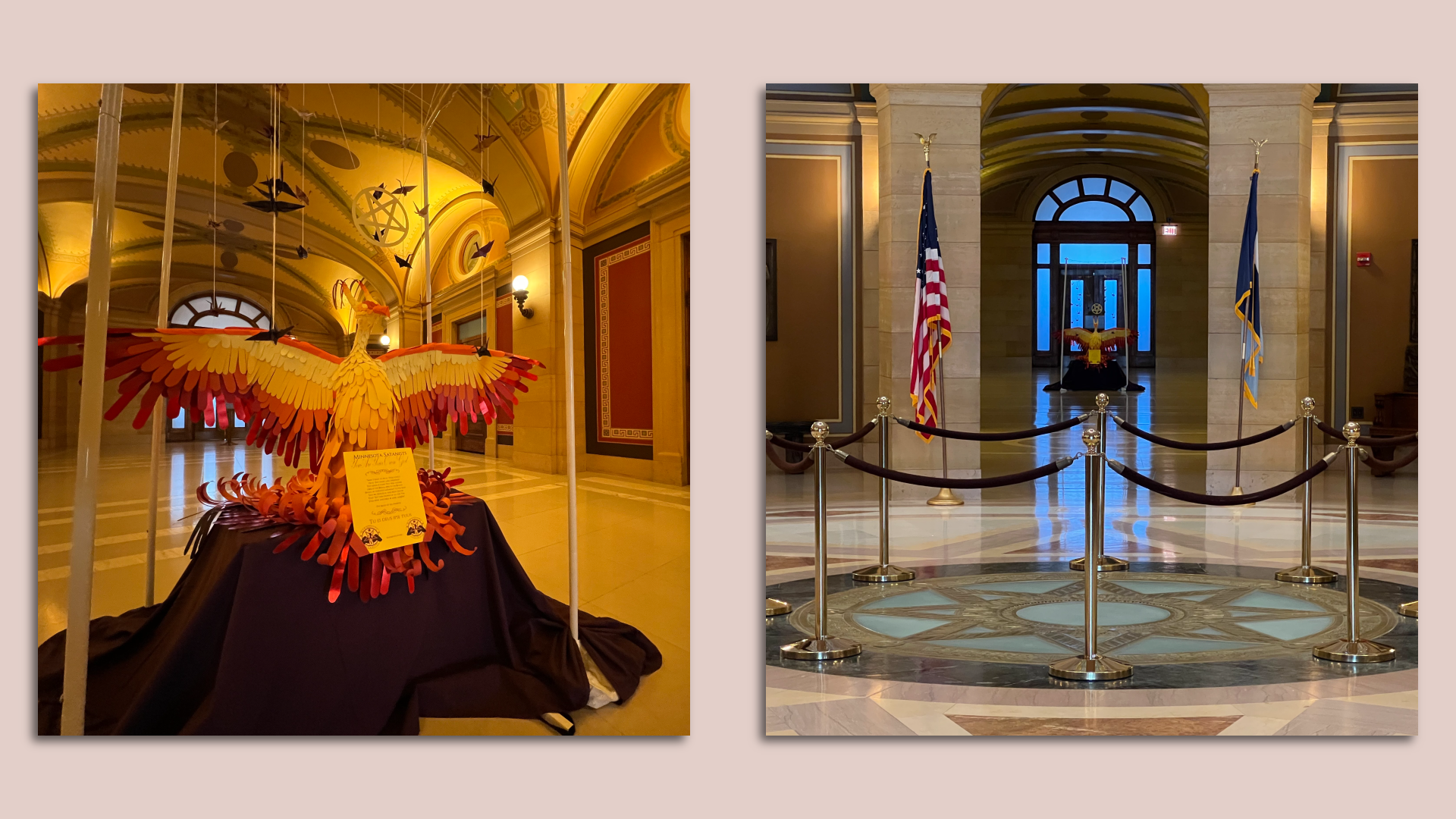 A side-by-side image of the same sculpture shot from two different angles. The sculpture is a likeness of the fictional Phoenix, a bird made of flame that resurrects from ashes
