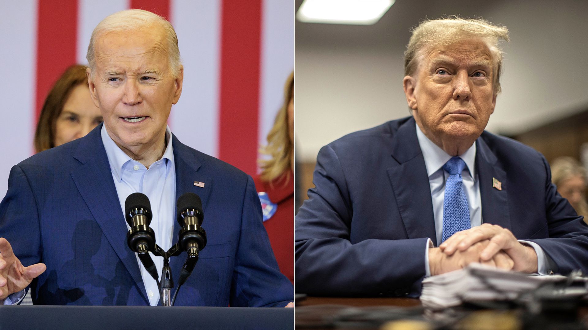 2024's split screen: Feisty Biden on the road, fuming Trump in court