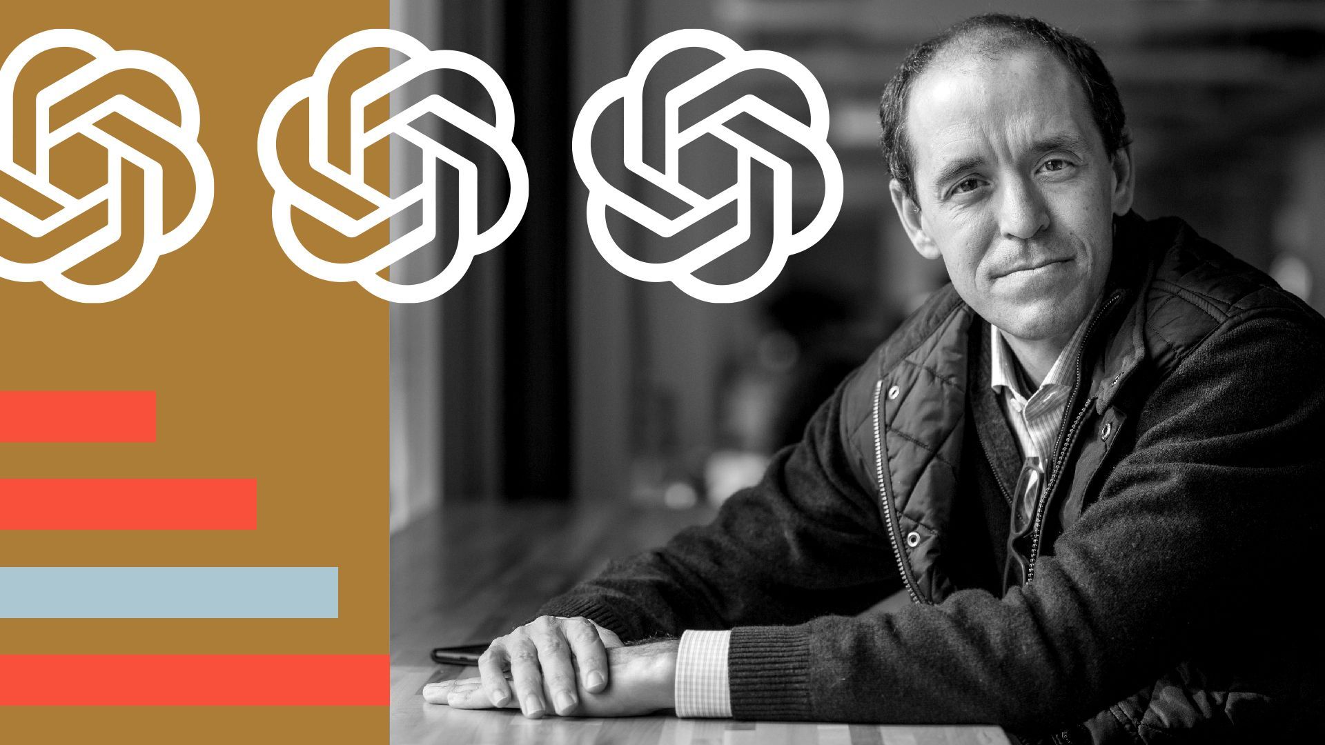 Photo illustration of Chris Lehane with abstract shapes and OpenAI's logo.