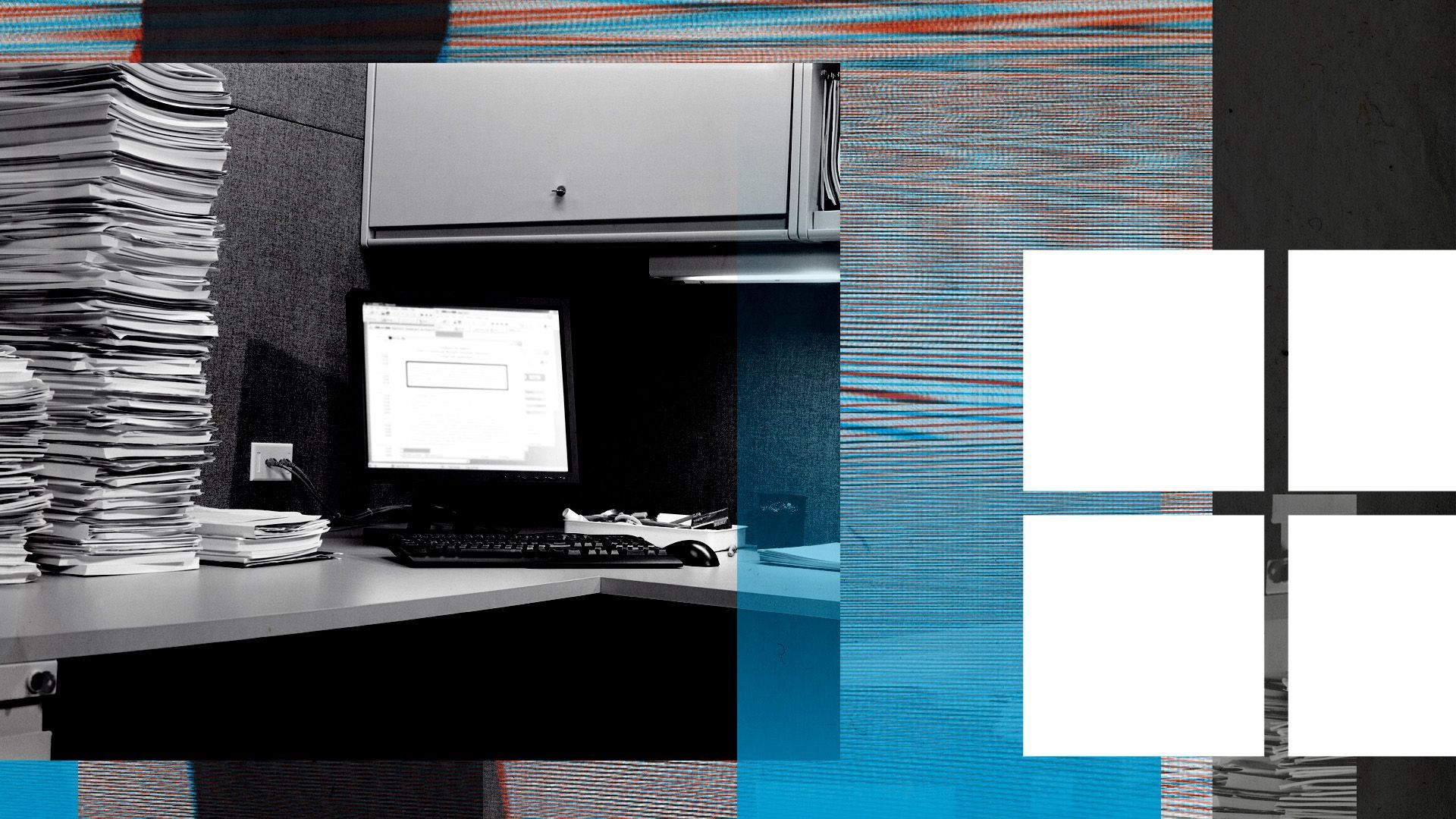 Illustration of a PC desktop surrounded by glitchy shapes and the Windows logo.