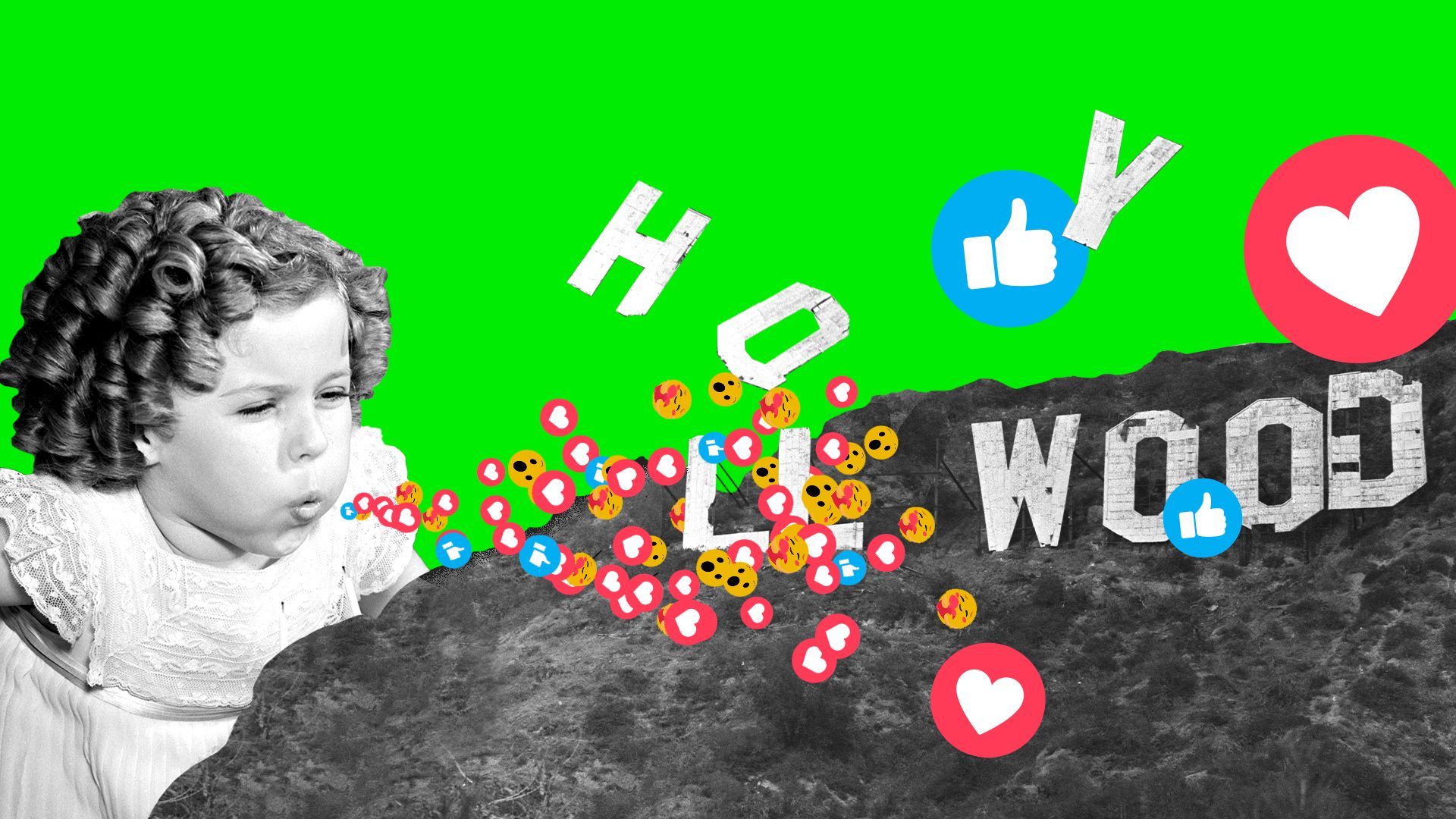 Photo illustration of archival imagery showing Shirley Temple blowing away the HOLLYWOOD sign, with digital likes, hearts and emojis blowing in the wind. 