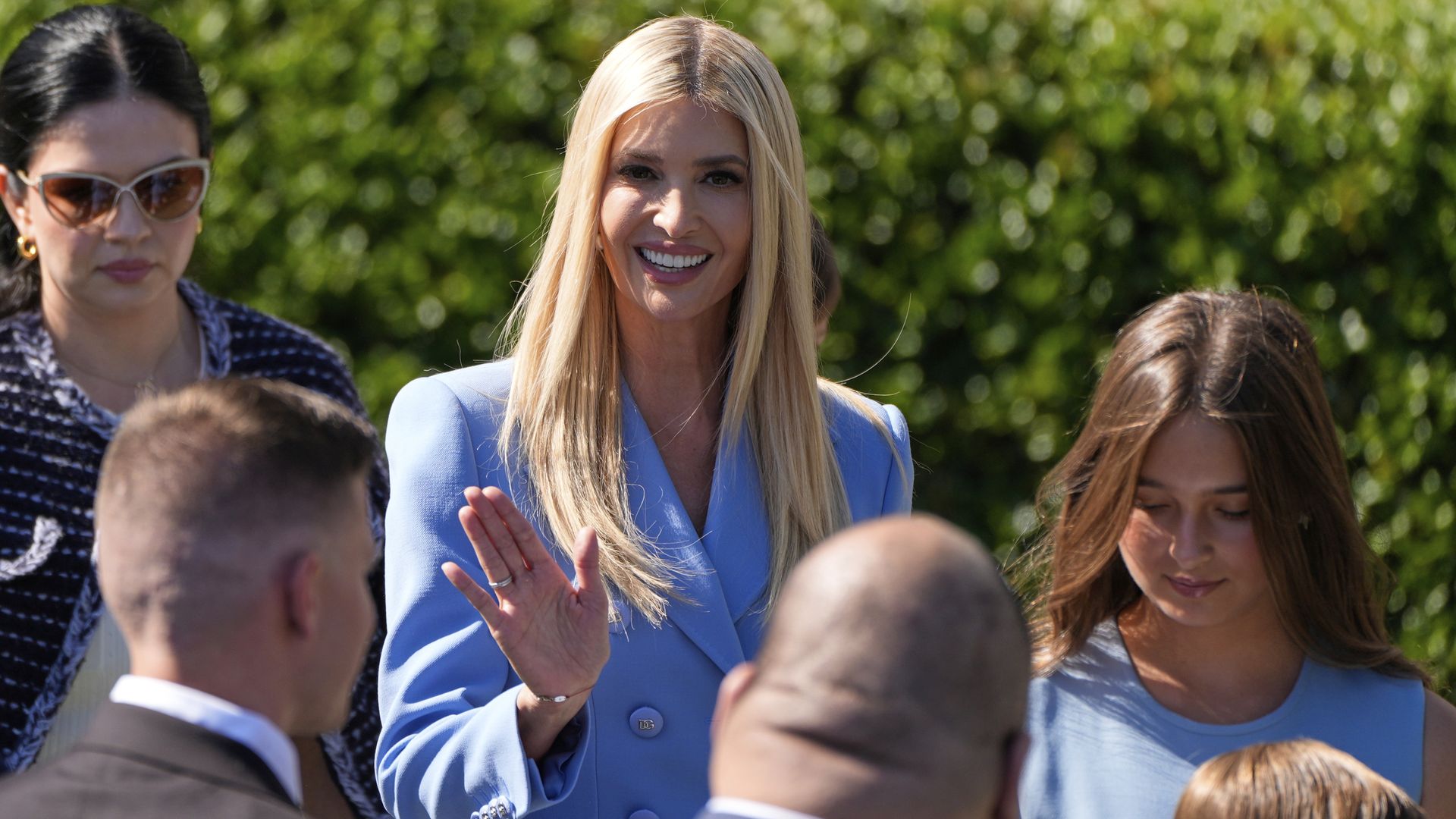 Ivanka Trump, center, and her daughter Arabella Kushner, right, arrive before President Donald Trump welcomes the Super Bowl champion Philadelphia Eagles NFL football team to the South Lawn of the White House, Monday, April 28, 2025, in Washington. (AP Photo/Alex Brandon)