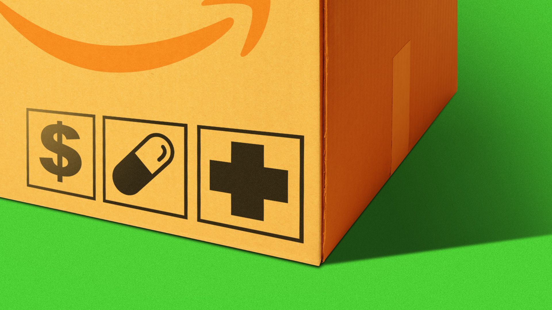 Illustration of an Amazon package with symbols of a dollar sign, a pill, and a cross