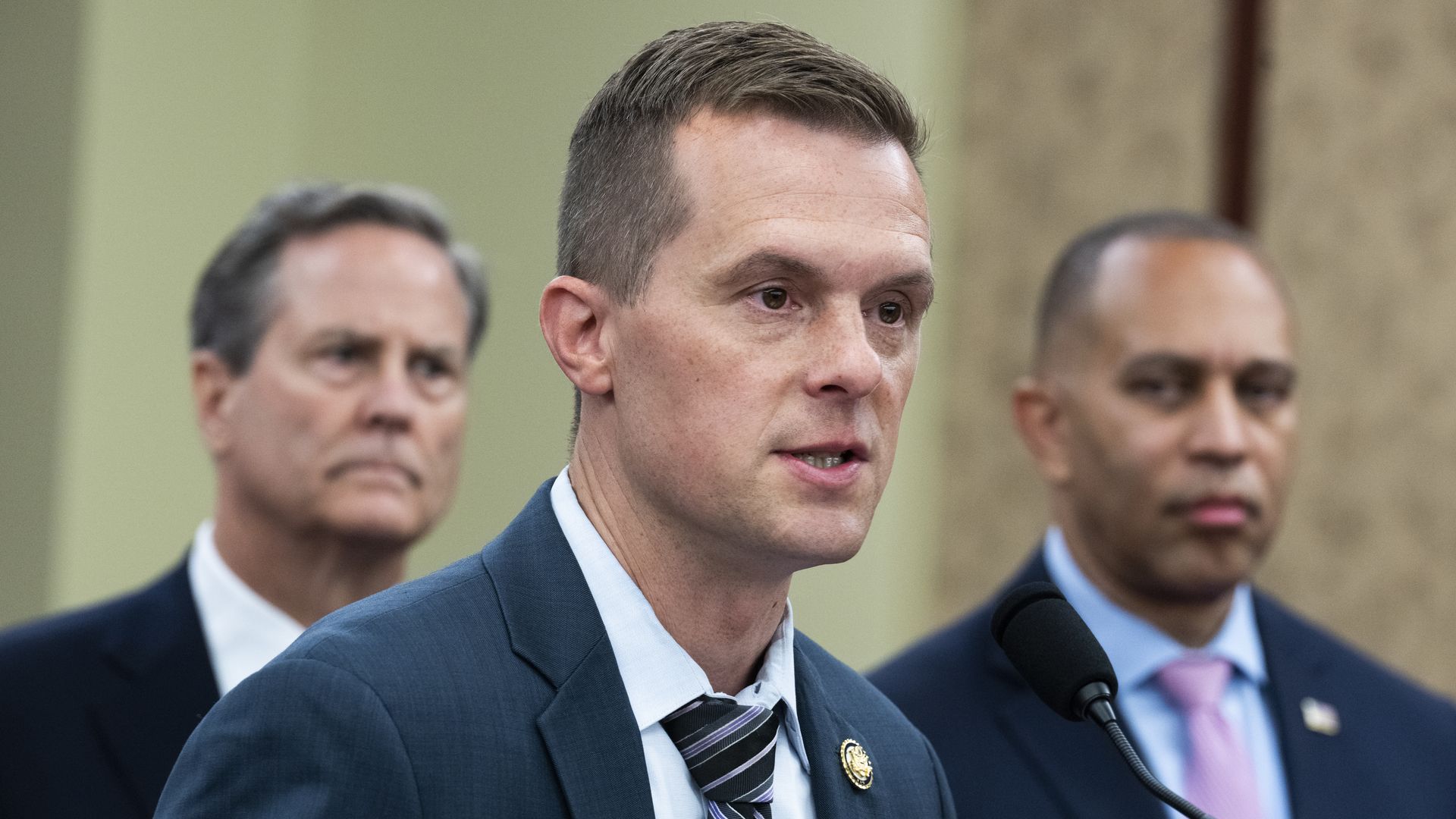 Reps. Donald Norcross, Jared Golden and House Minority Leader Hakeem Jeffries conduct a news conference on Capitol Hill on July 17, 2025.