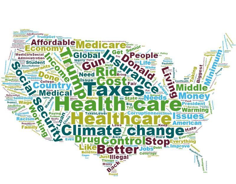 A word cloud i the shape of the United States.