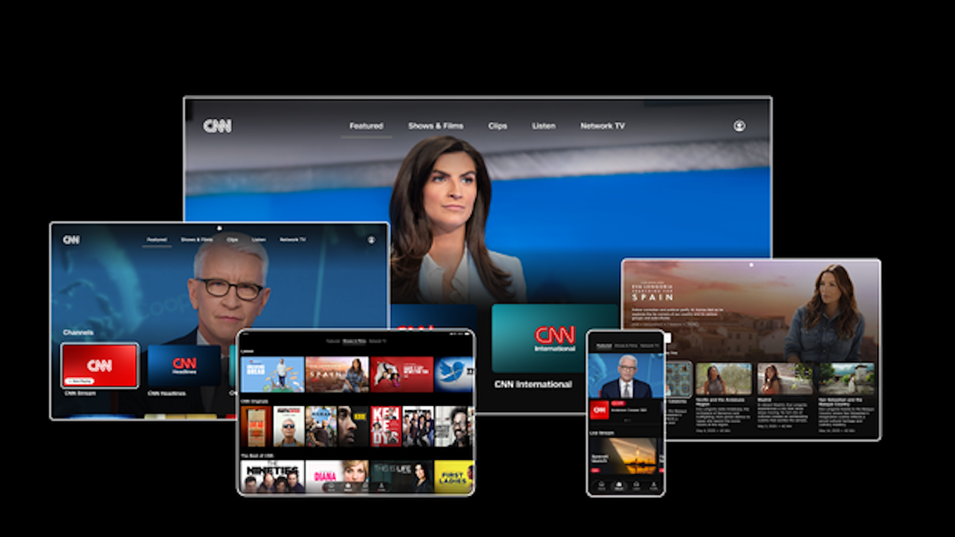 Screenshots of CNN app showing news anchors and various program thumbnails on multiple devices with dark backgrounds and CNN logos.