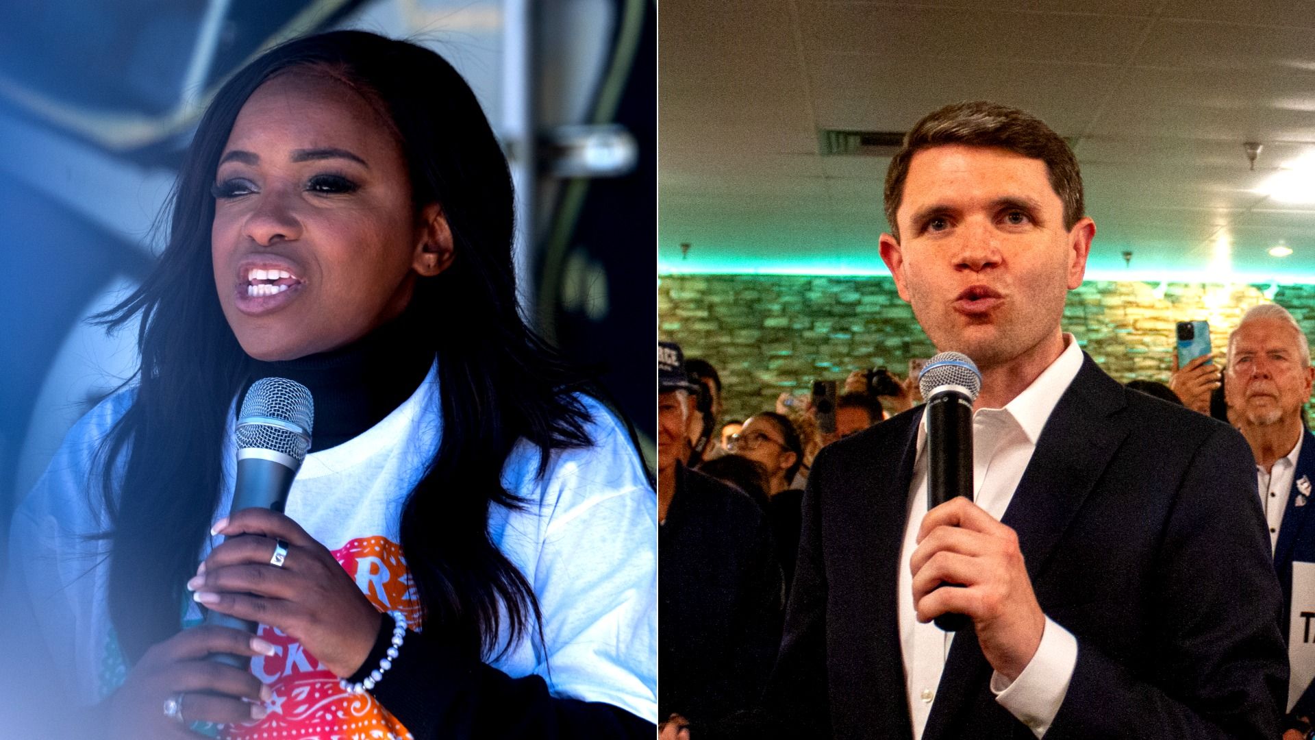 U.S. Rep. Jasmine Crockett holds a microphone while campaigning. Next to her is a different image of Texas Rep. James Talarico, also holding a microphone while at a campaign event