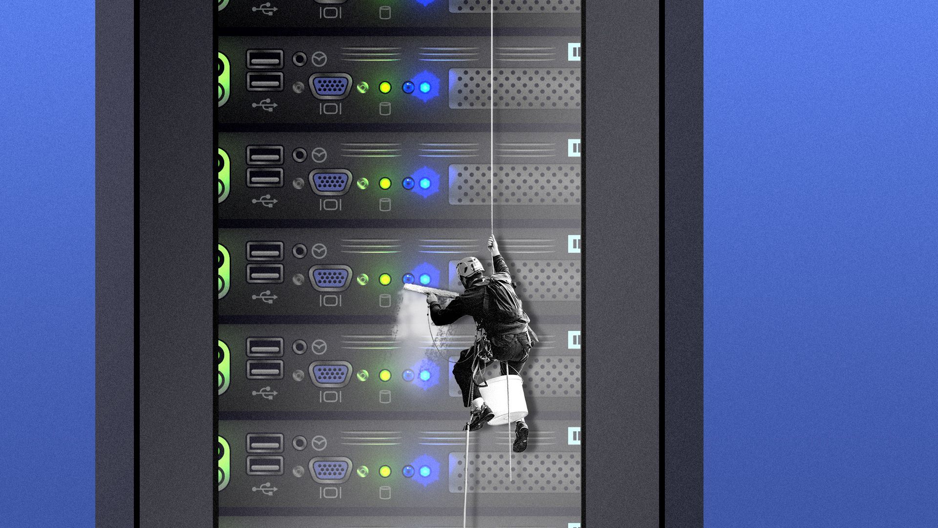 Illustration of a window cleaner cleaning the glass on a server cabinet.