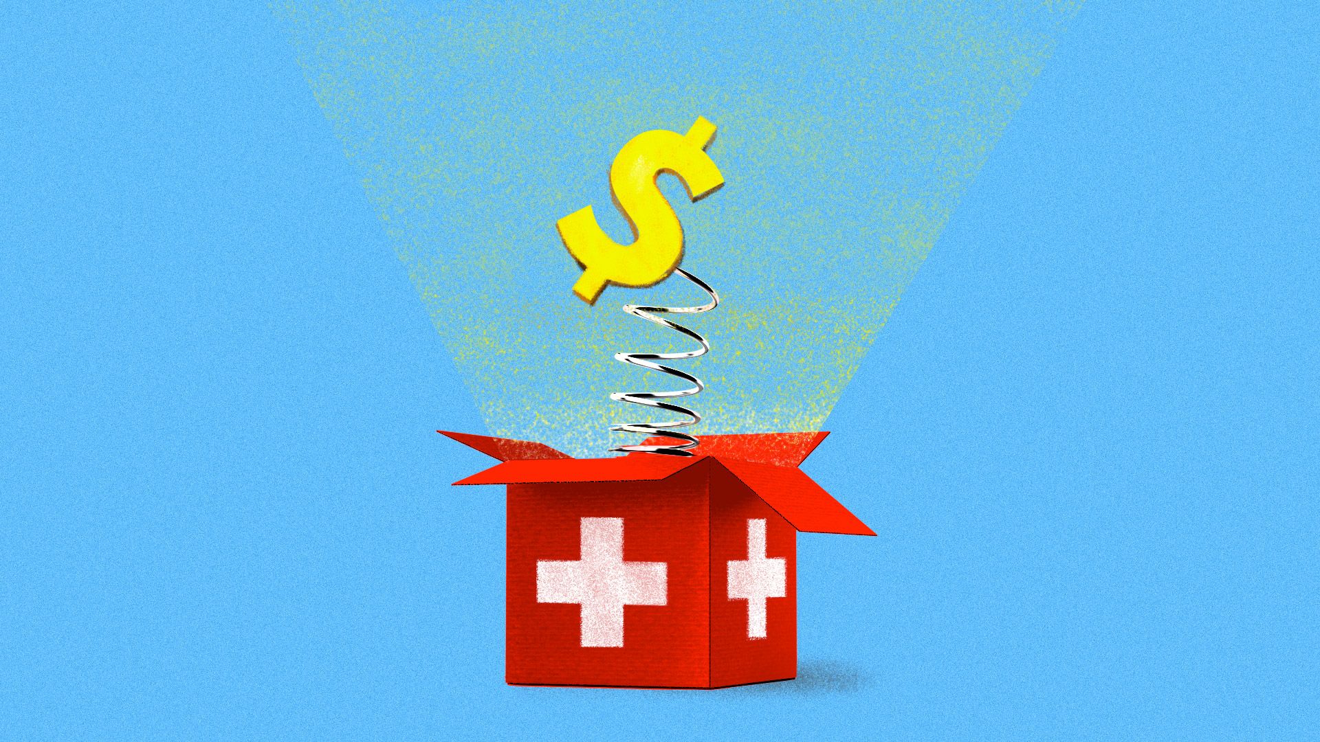 A red box with the health plus sign, and a dollar sign springing out.
